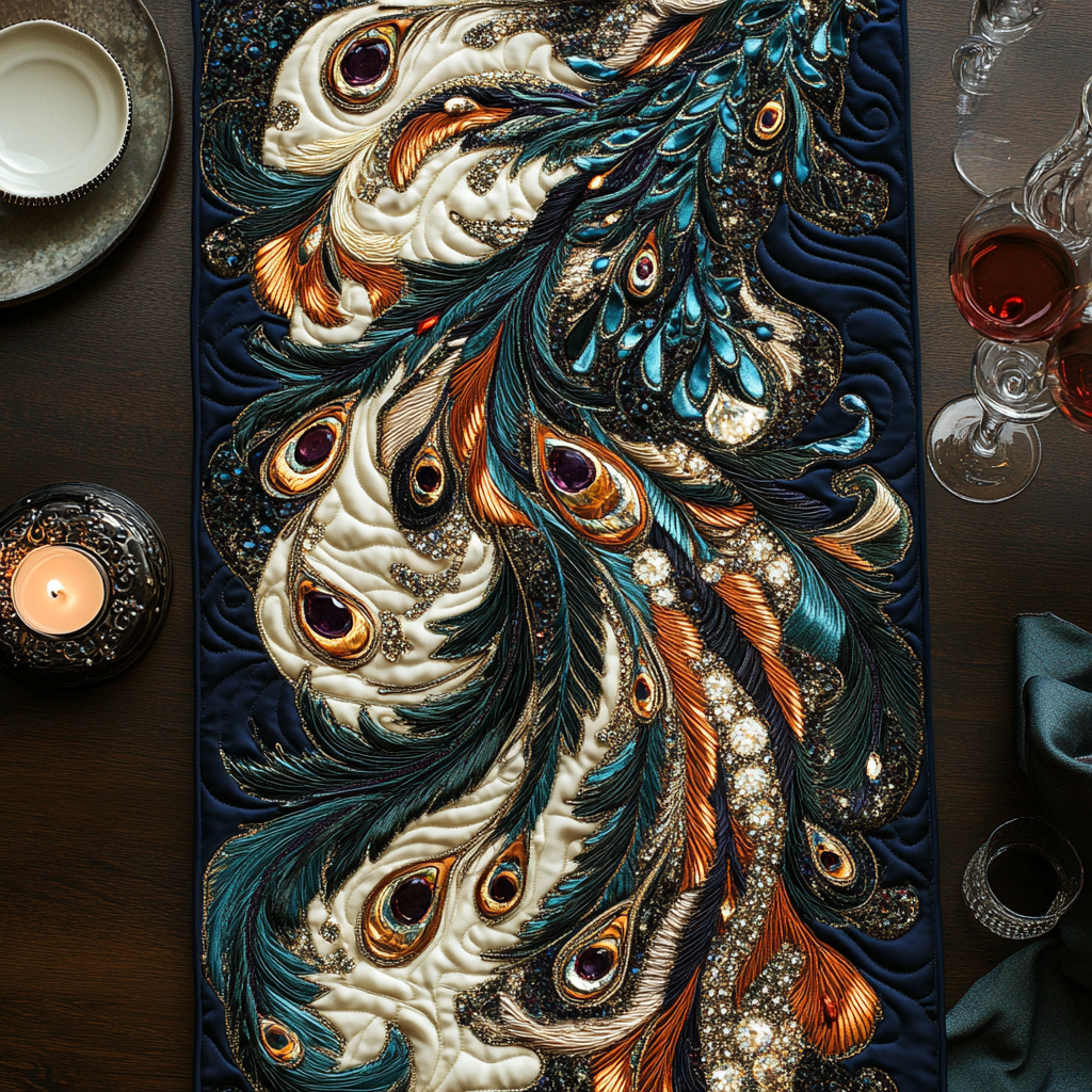 Peacock Feather Quilted Table Runner Kitchen Table Decor Peacock Merchandise Gifts