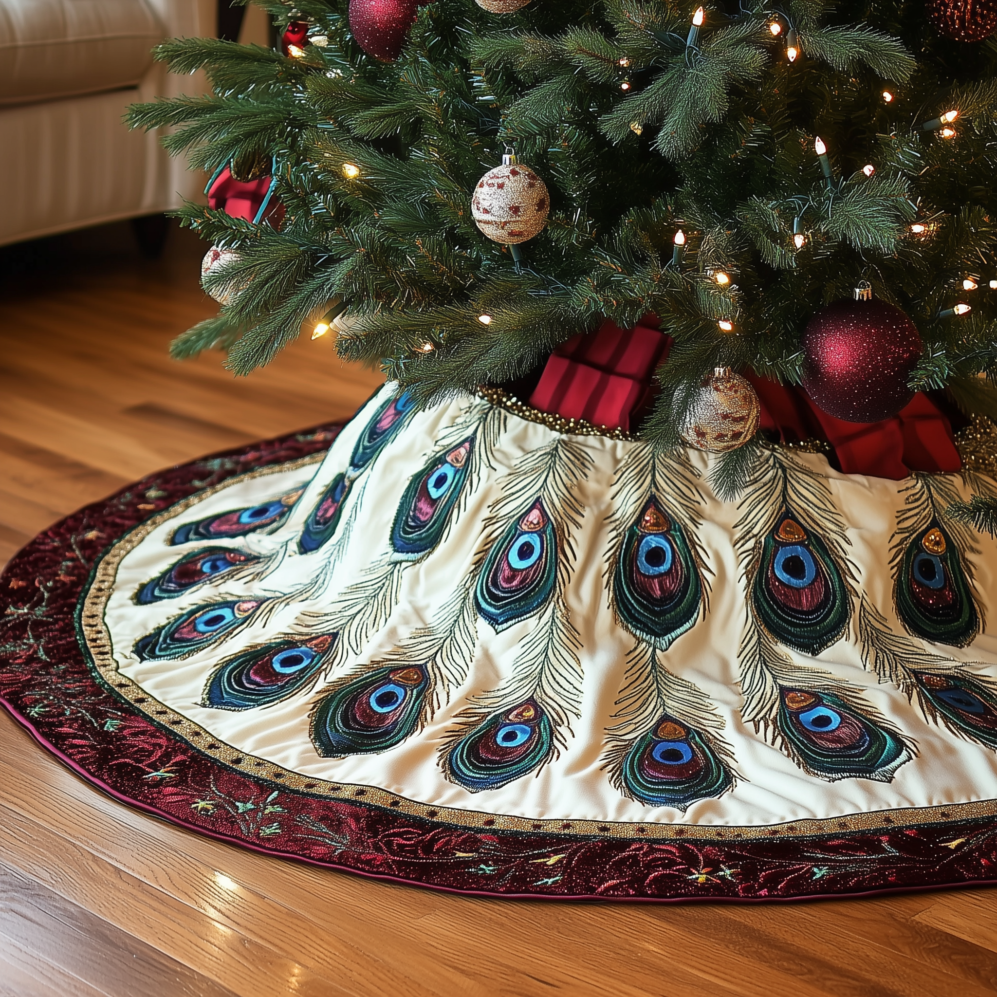 Peacock Feather Quilted Tree Skirt Perfect Tree Skirt Decoration Merch