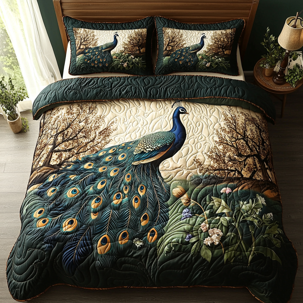 Peacock Garden Quilted Bedding Set Cute Room Decor Peacock Lovers Presents