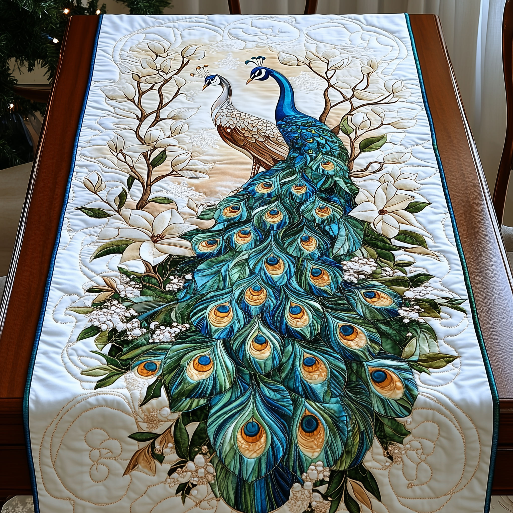 Peacock Garden Quilted Table Runner Modern Coffee Table Runner Decorations Peacock Themed Gifts
