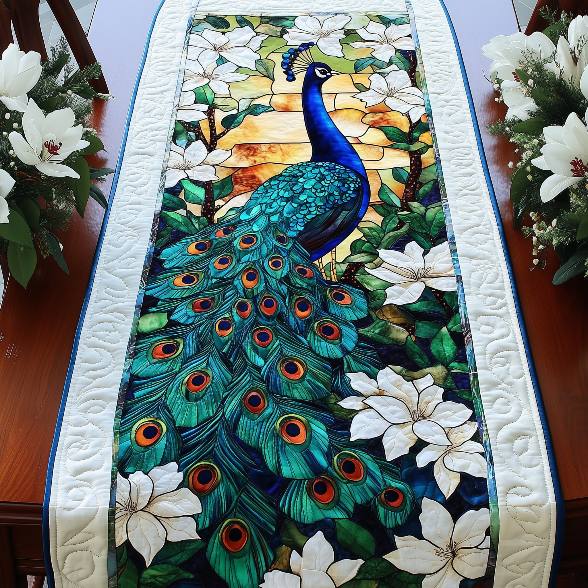 Peacock Garden Quilted Table Runner Modern Coffee Table Runner Decorations Peacock Themed Gifts