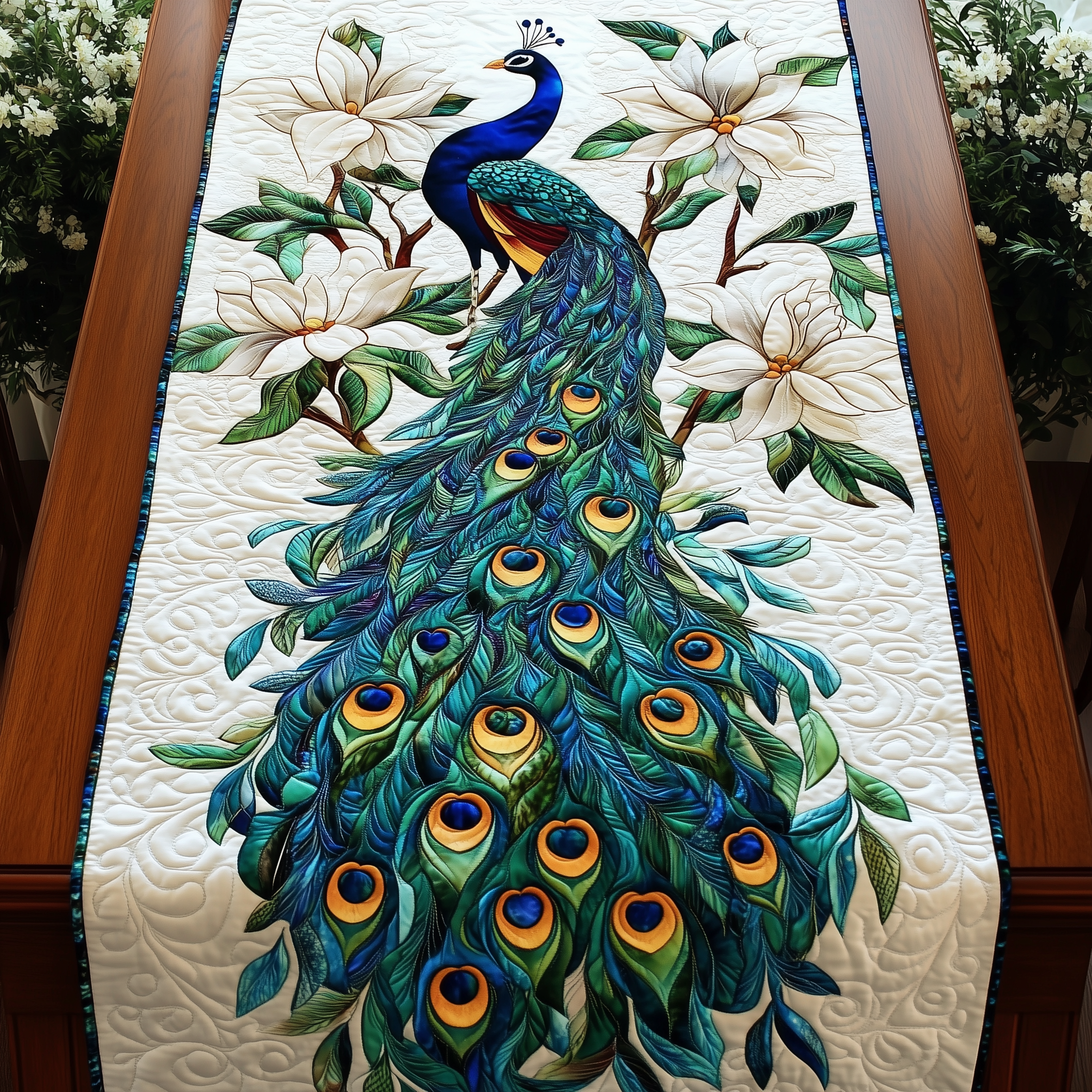 Peacock Garden Quilted Table RunnerHoliday Dining Table Runner Xmas Unique Peacock Themed Gifts