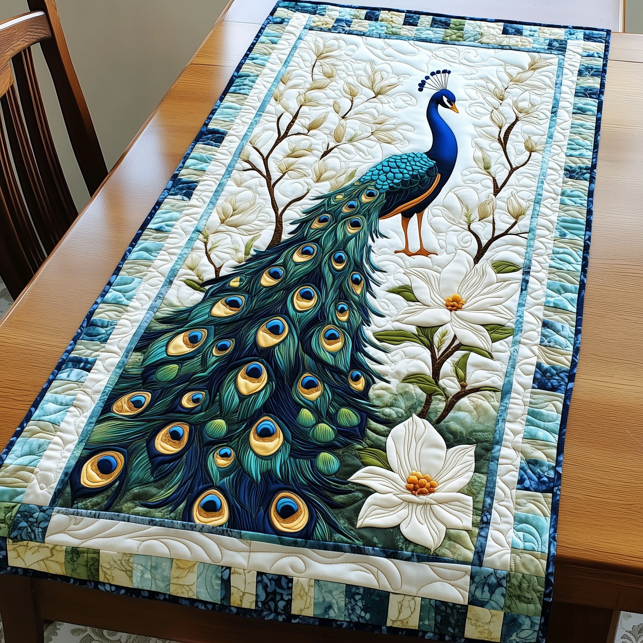 Peacock Garden Quilted Table RunnerHoliday Dining Table Runner Xmas Unique Peacock Themed Gifts