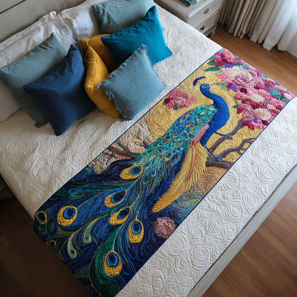 Peacock Glow Quilted Bed Runner Bed Room Decoration Gifts For Peacock Lover