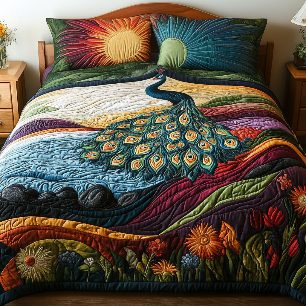 Peacock in Bloom Quilted Bedding Set Bed Room Decoration Peacock Lovers Gifts For Men