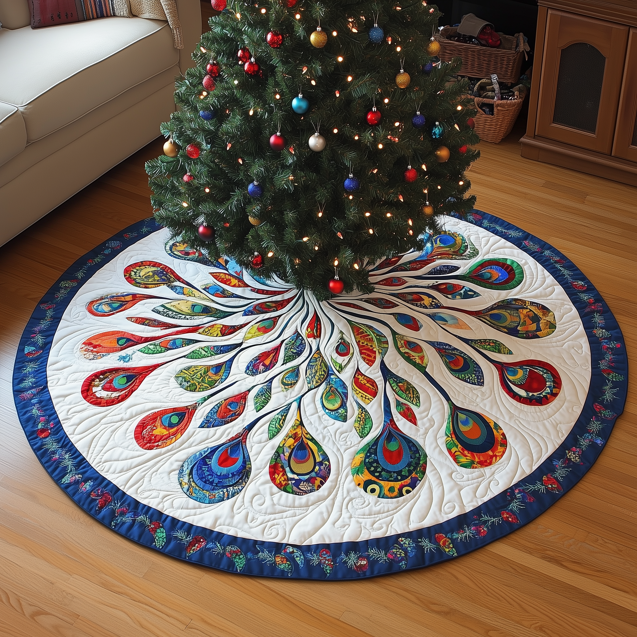 Peacock Mandala Quilted Tree Skirt Elegant Christmas Tree Decor Merch