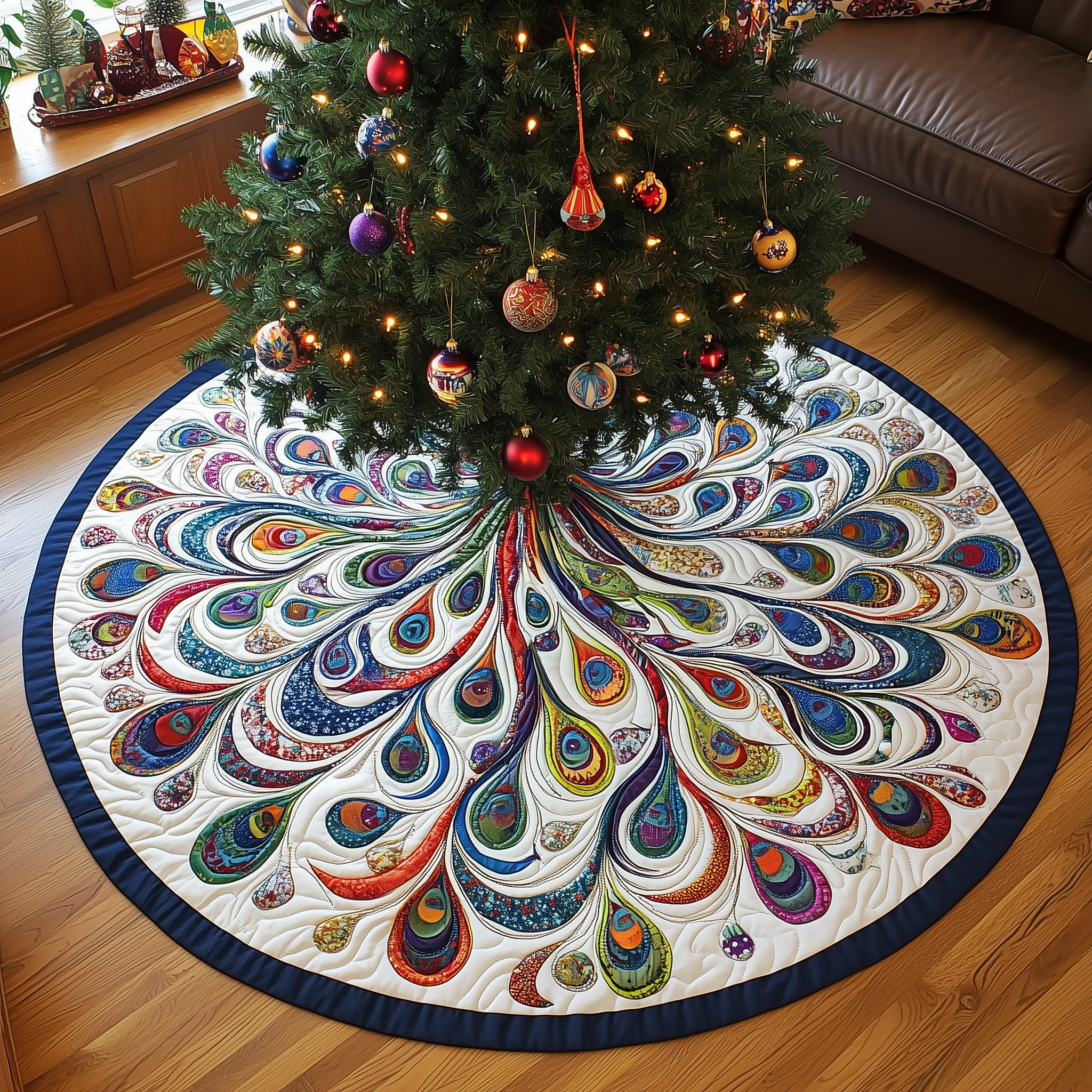 Peacock Mandala Quilted Tree Skirt Holiday Christmas Tree Base Decorations Peacock Themed Gift