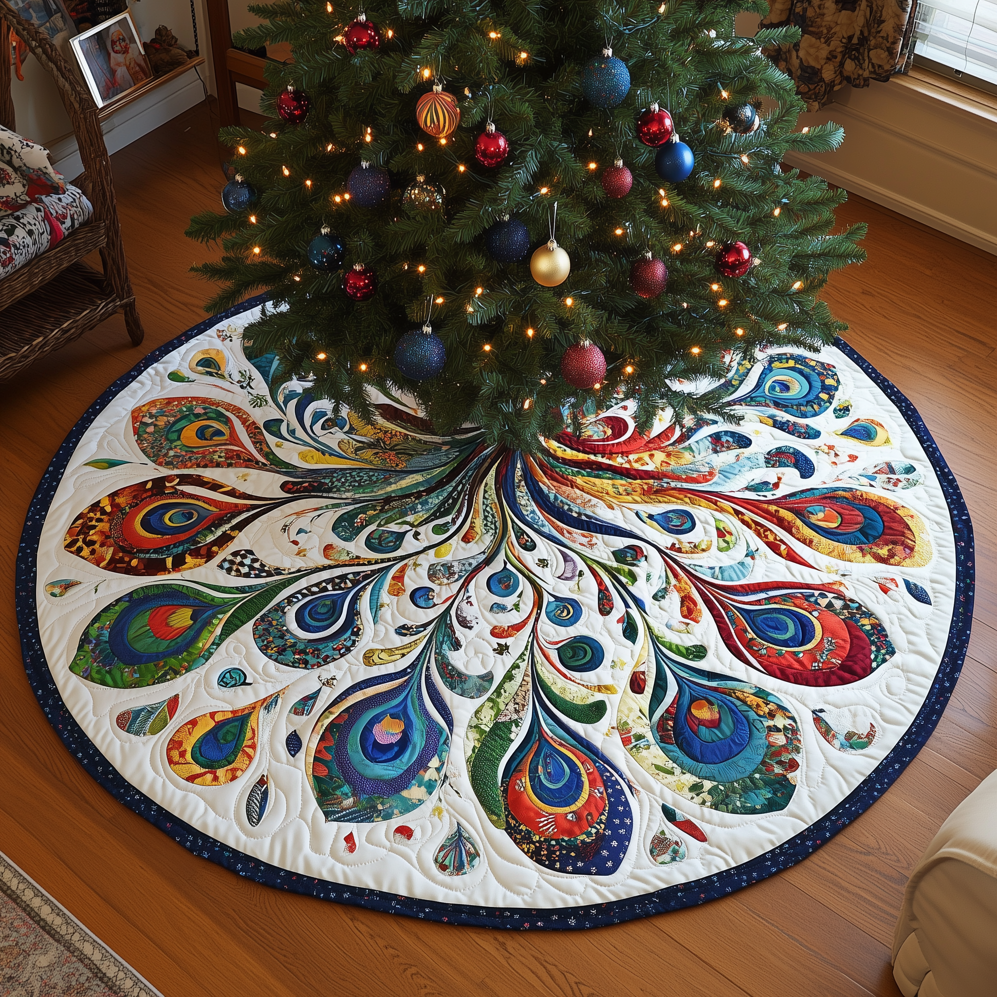 Peacock Mandala Quilted Tree Skirt Holiday Christmas Tree Base Decorations Peacock Themed Gift