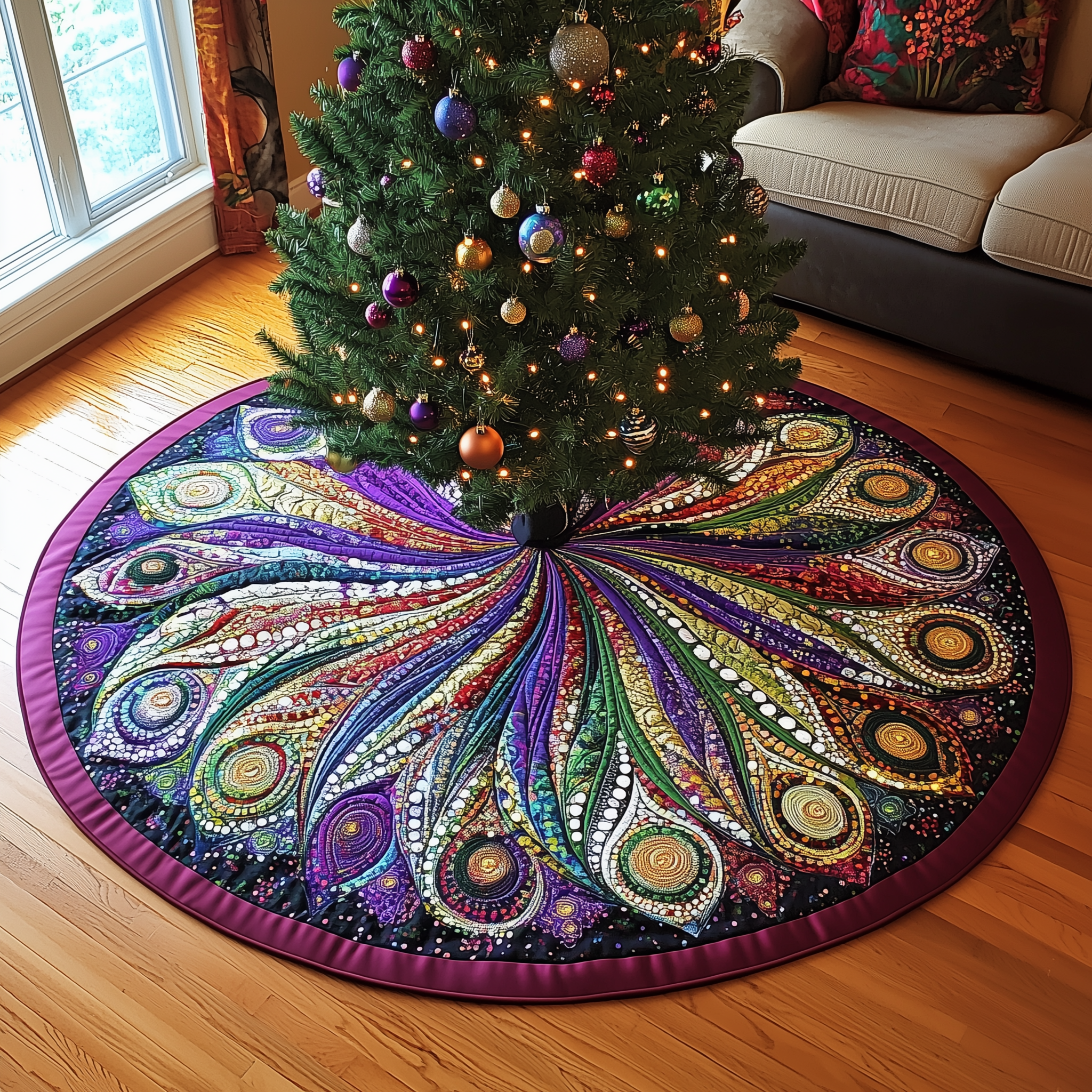 Peacock Mandala Quilted Tree Skirt Holiday Christmas Tree Base Decorations Peacock Themed Gift
