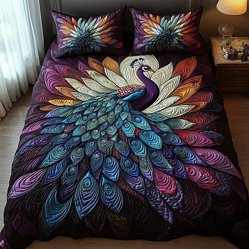 Peacock Night Quilted Bedding Set Aesthetic Room Decor Best Gifts For Peacock Lovers