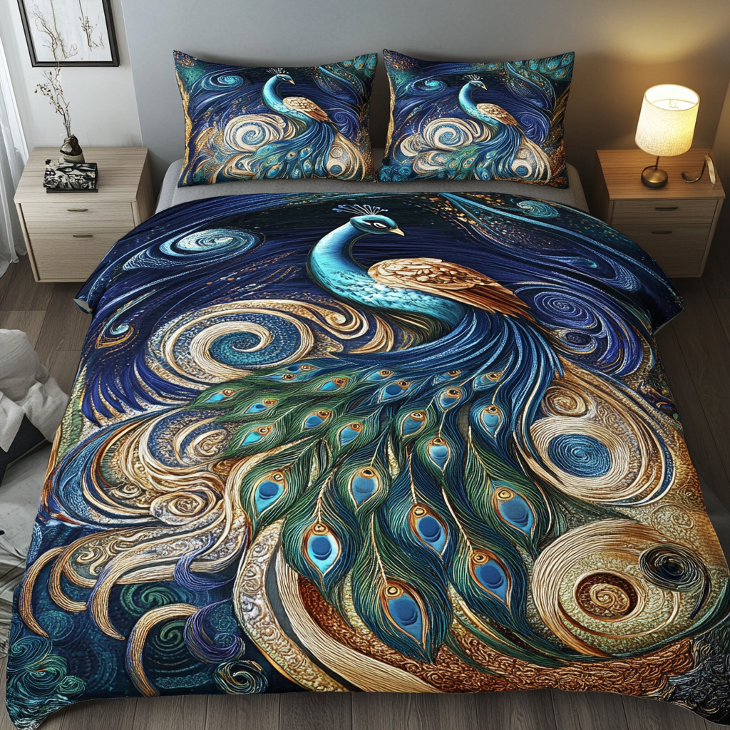Peacock Paradise Quilted Bedding Set Luxury Comforter Gift Set for Him or Her