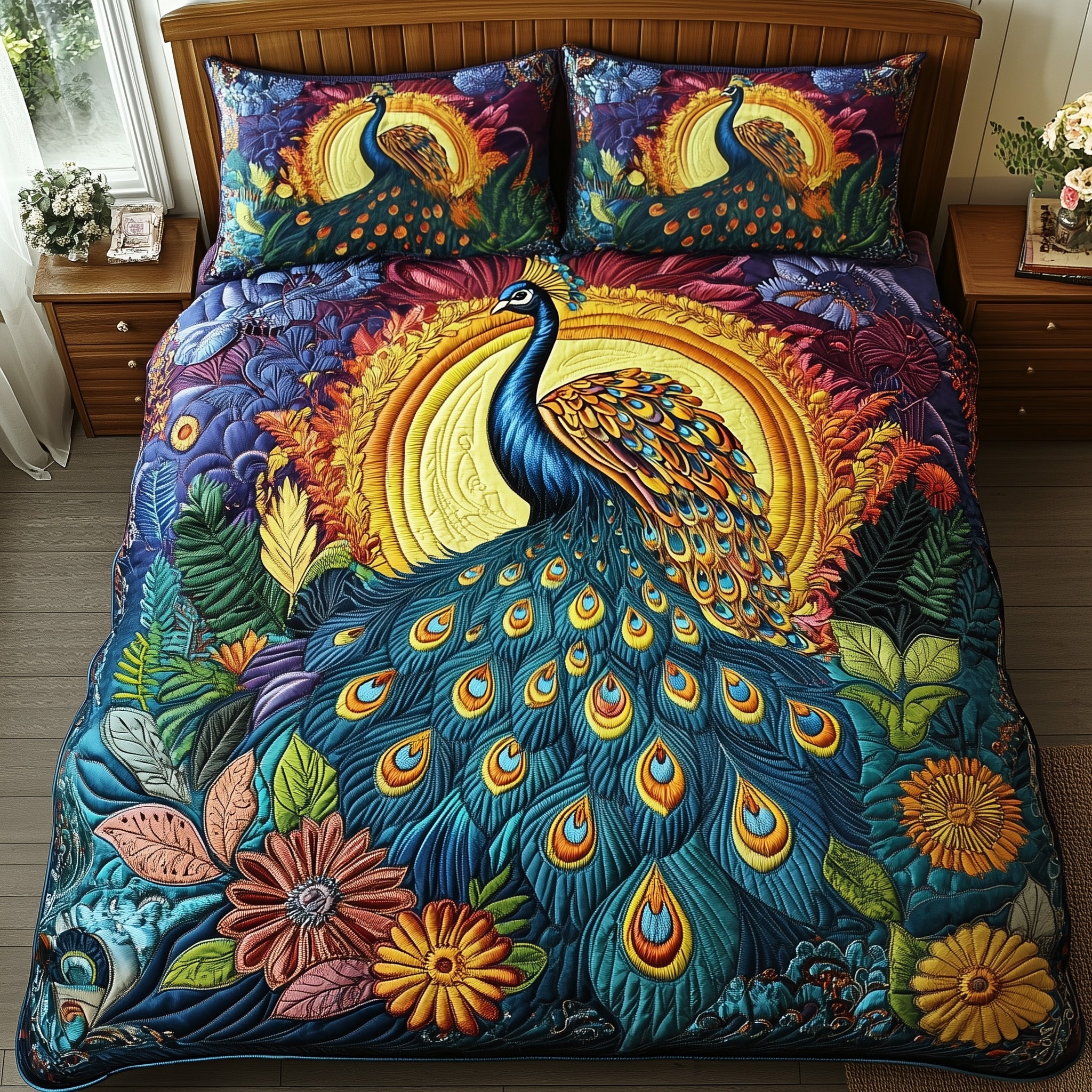 Peacock Quilted Bedding Set Duvet Cover Merchandise Best Gifts For Peacock Lovers