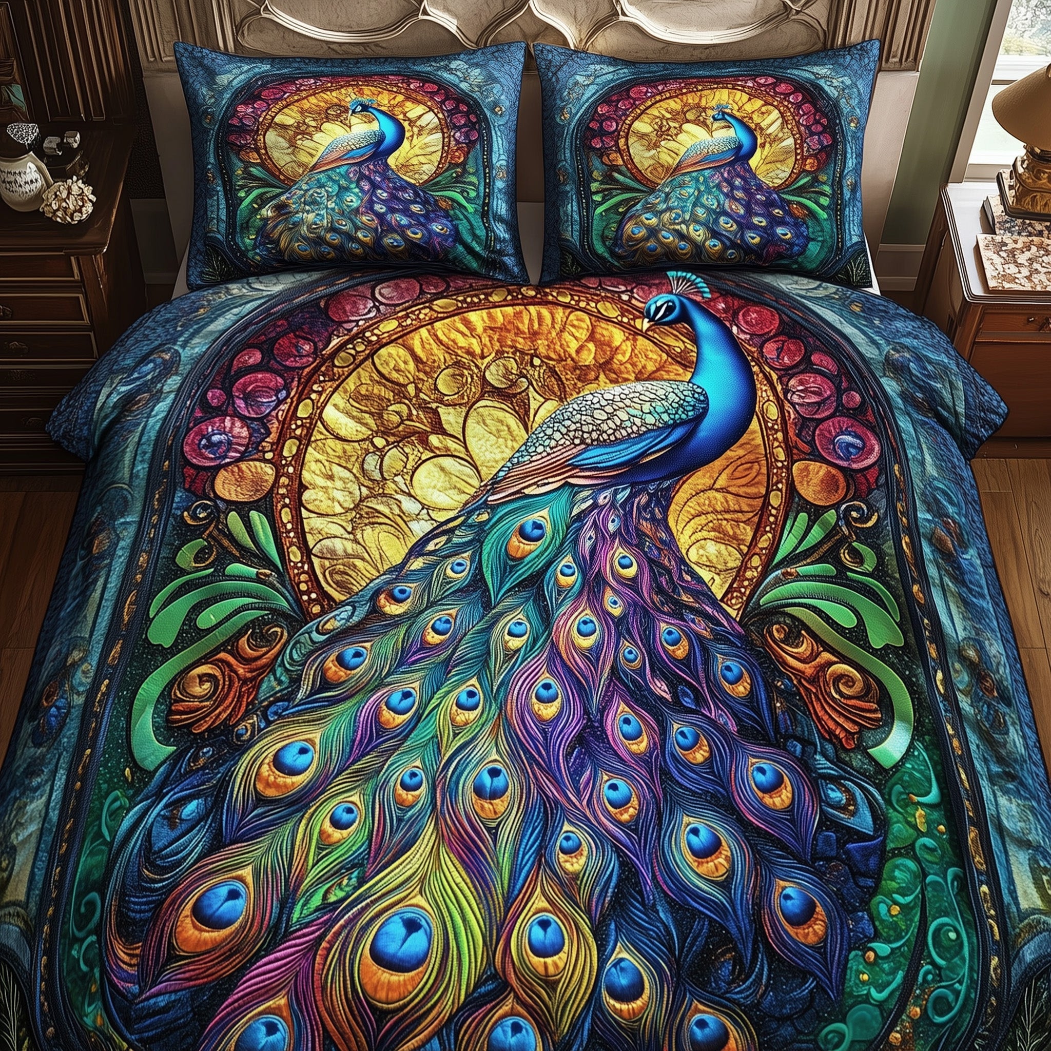 Peacock Quilted Bedding Set Duvet Cover Merchandise Peacock Lovers Presents