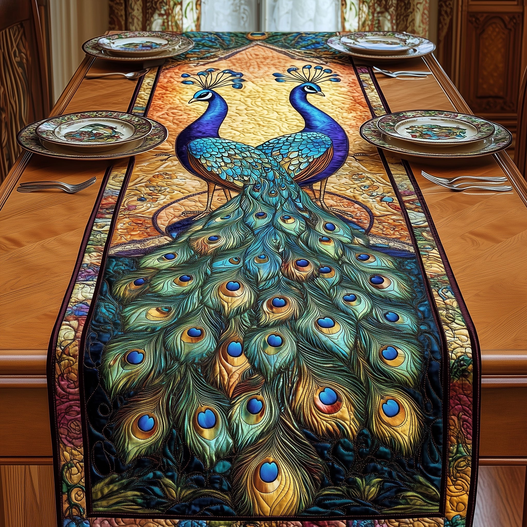 Peacock Quilted Table Runner Christmas Dining Table Runner