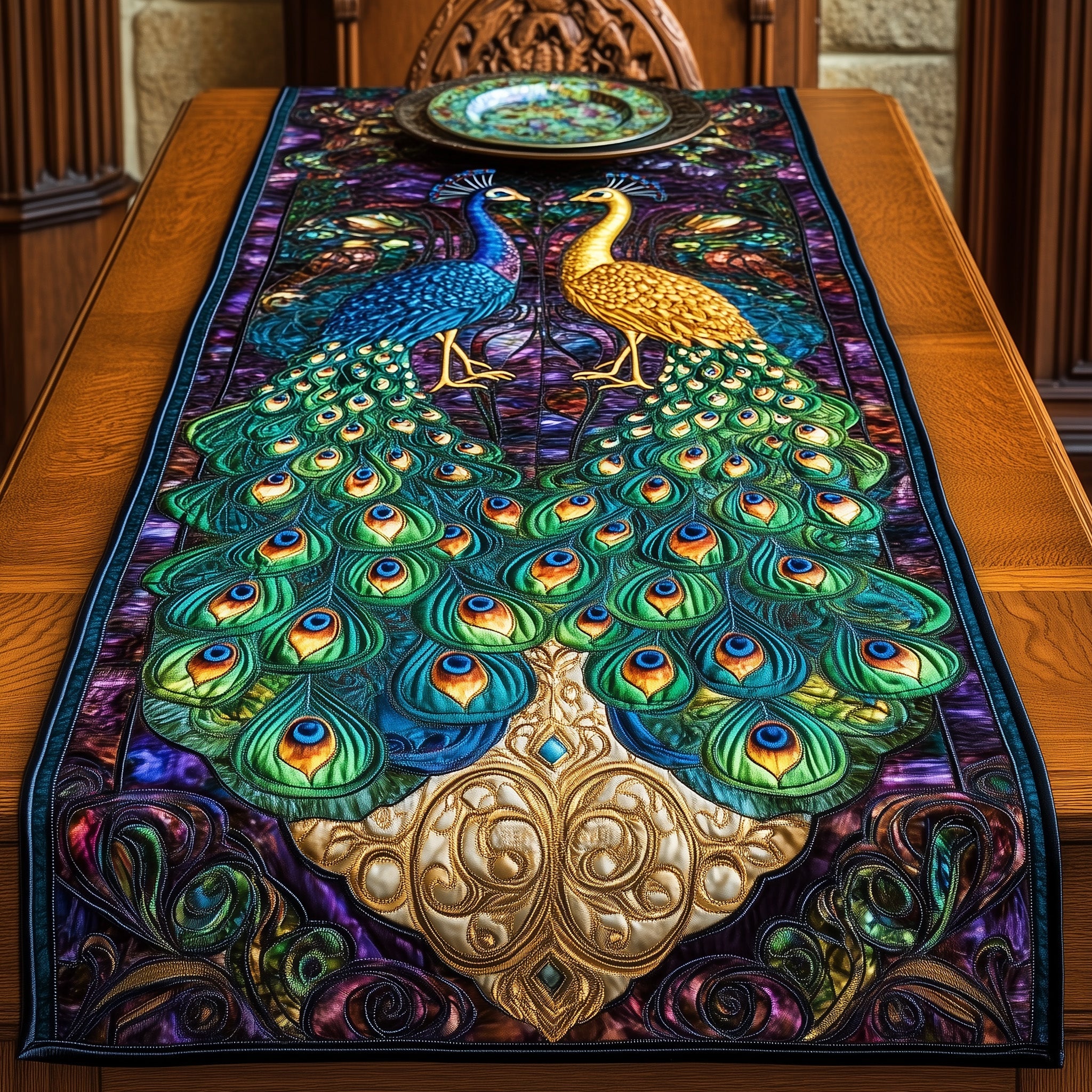 Peacock Quilted Table Runner Christmas Table Runner Decoration