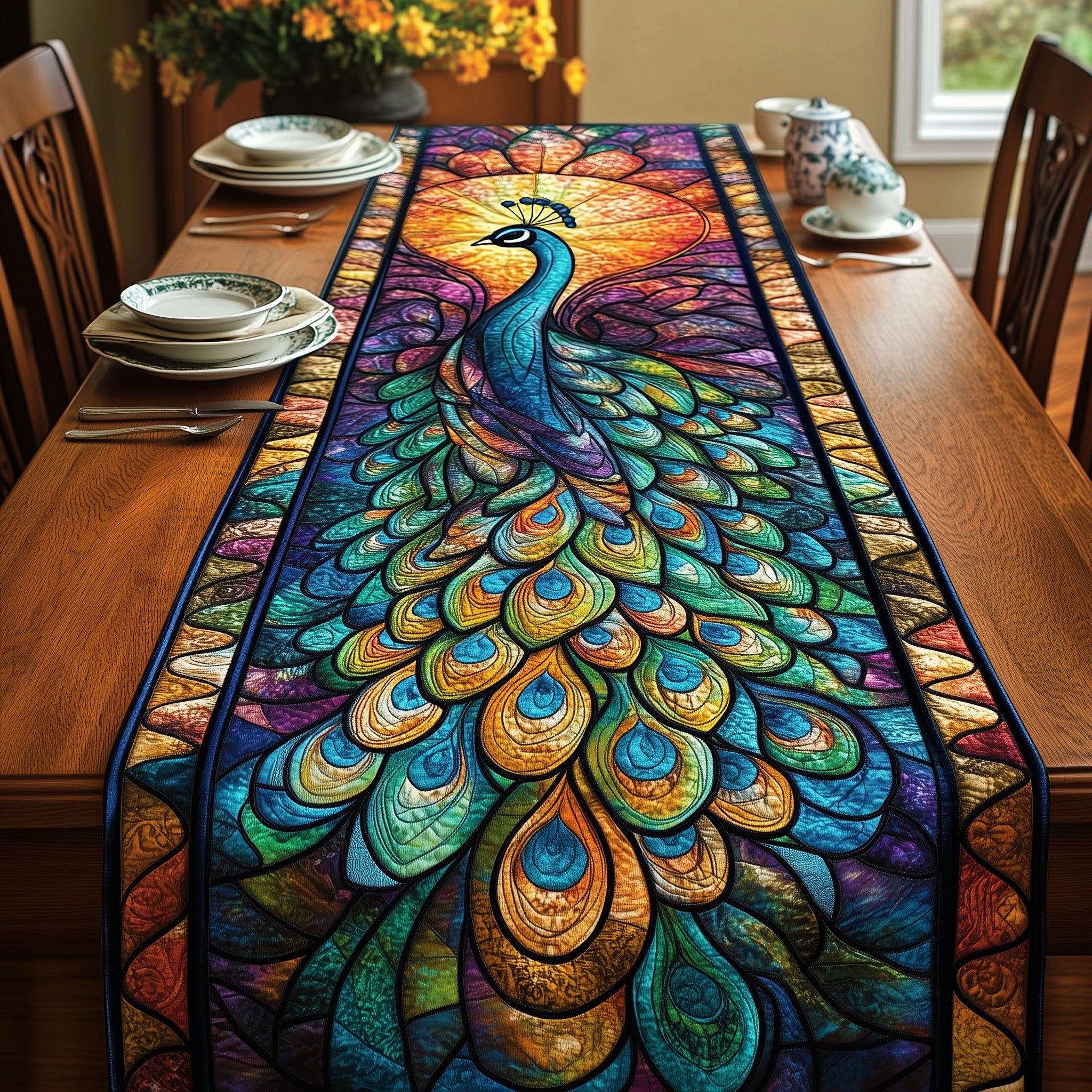 Peacock Quilted Table Runner Christmas Table Runner for Dining Room