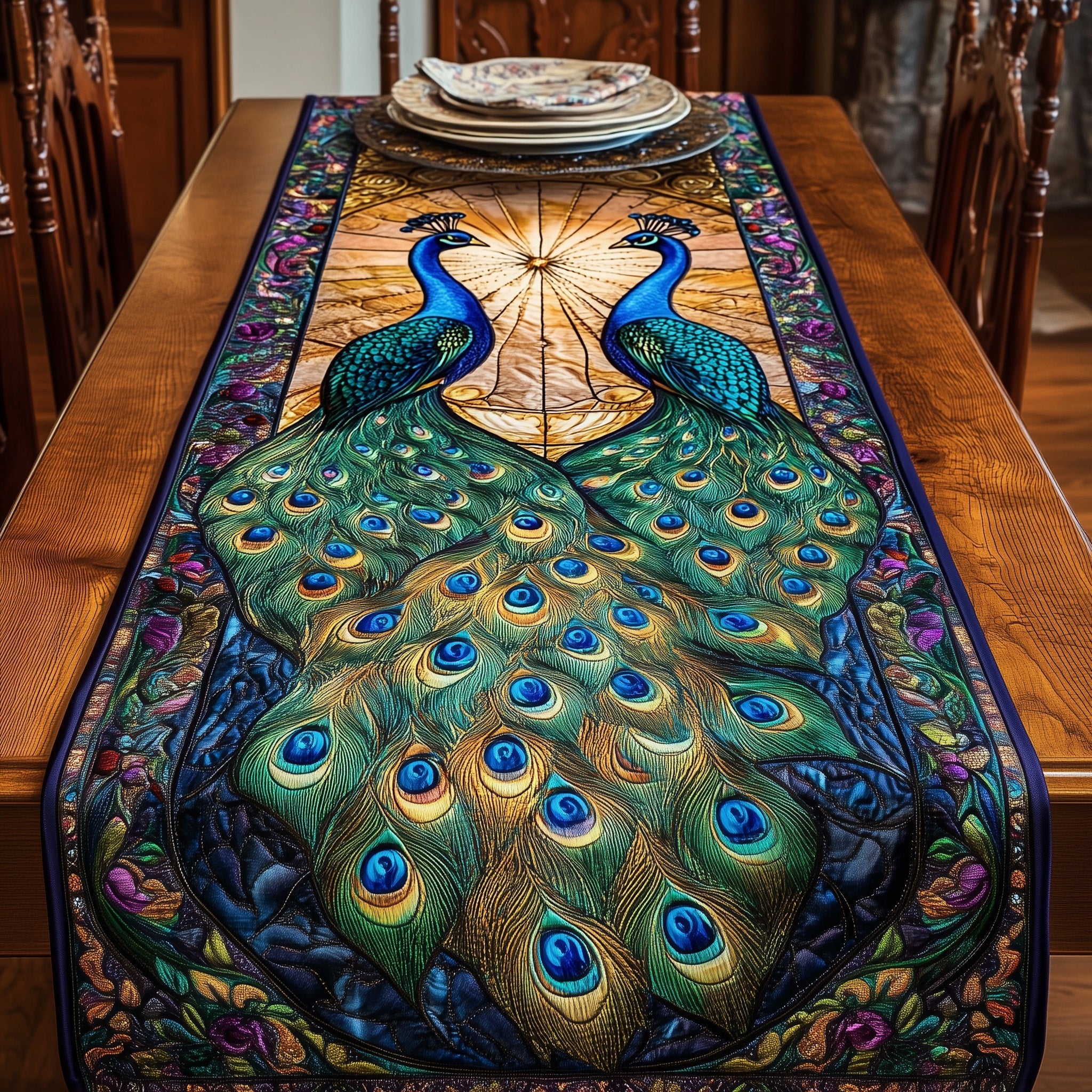 Peacock Quilted Table Runner Cozy Winter Table Runner for Home