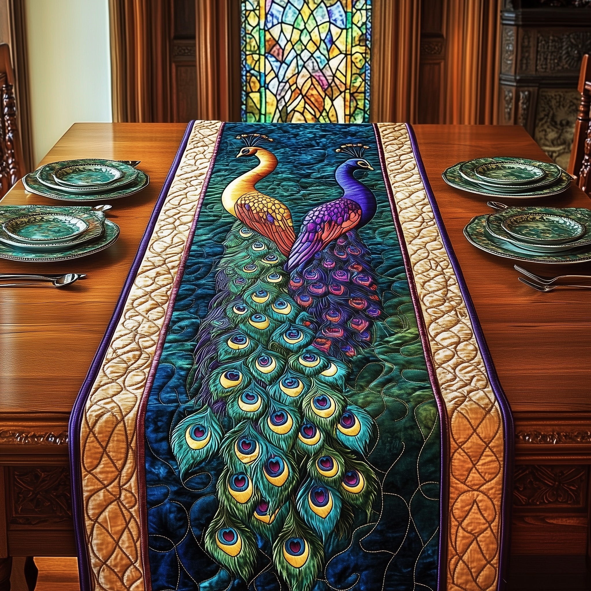 Peacock Quilted Table Runner Elegant Christmas Table Runner