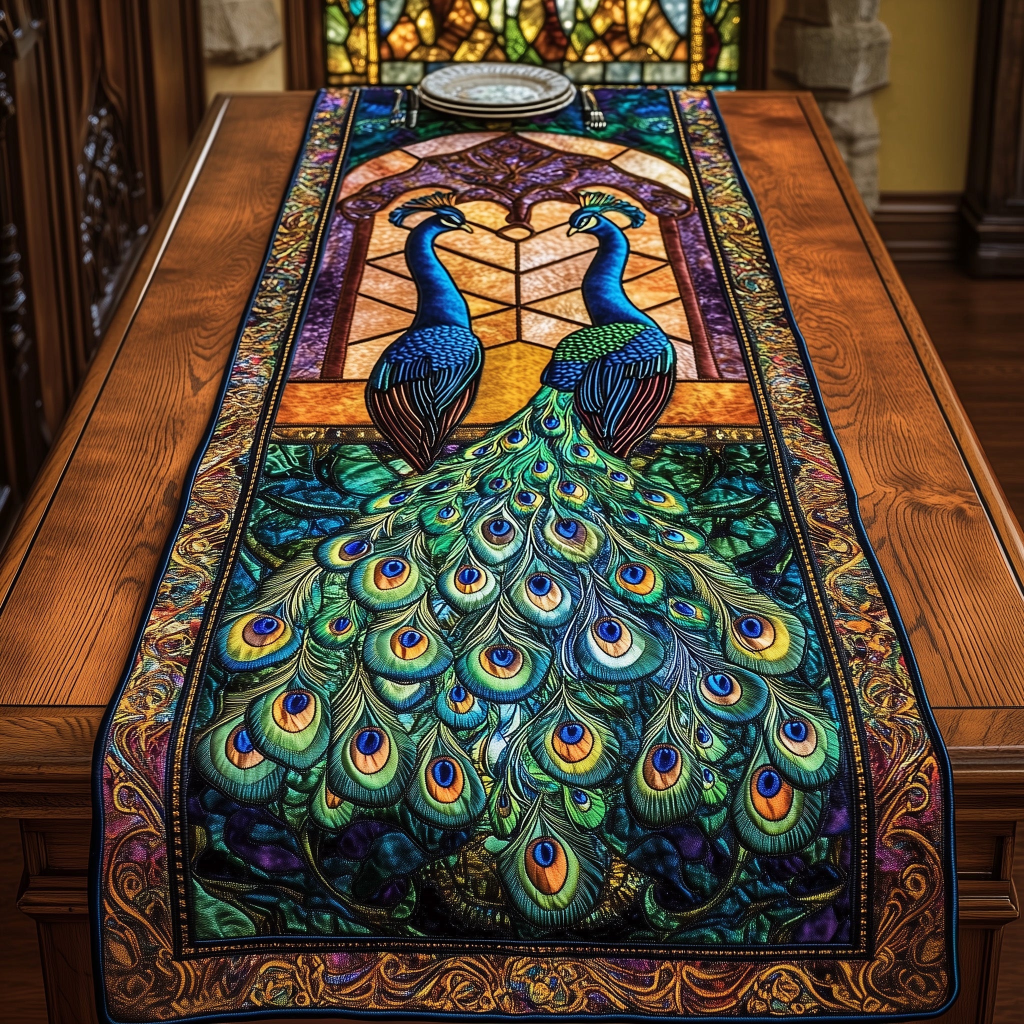 Peacock Quilted Table Runner Festive Christmas Dining Room Table Runner
