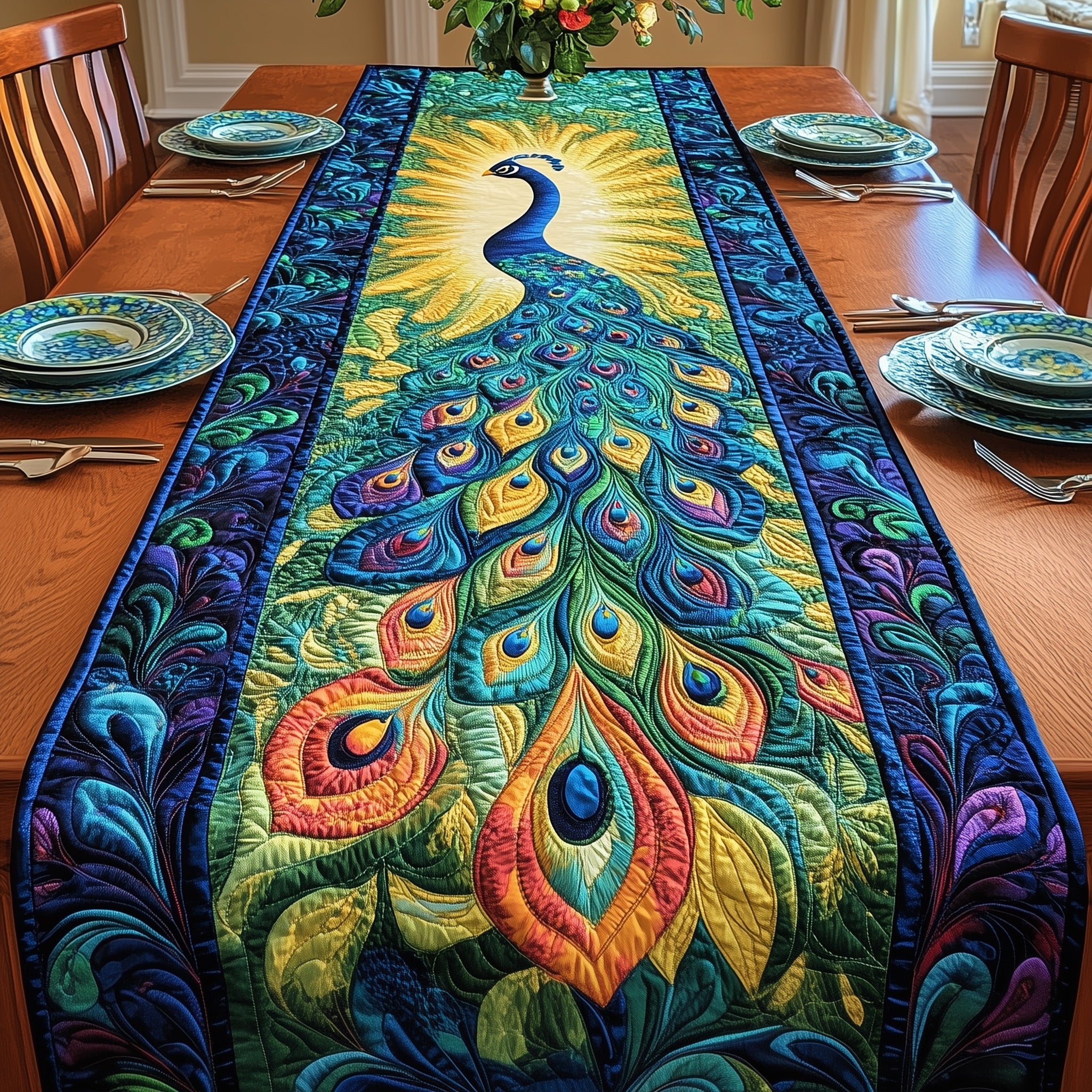 Peacock Quilted Table Runner Holiday Dinner Table Runner