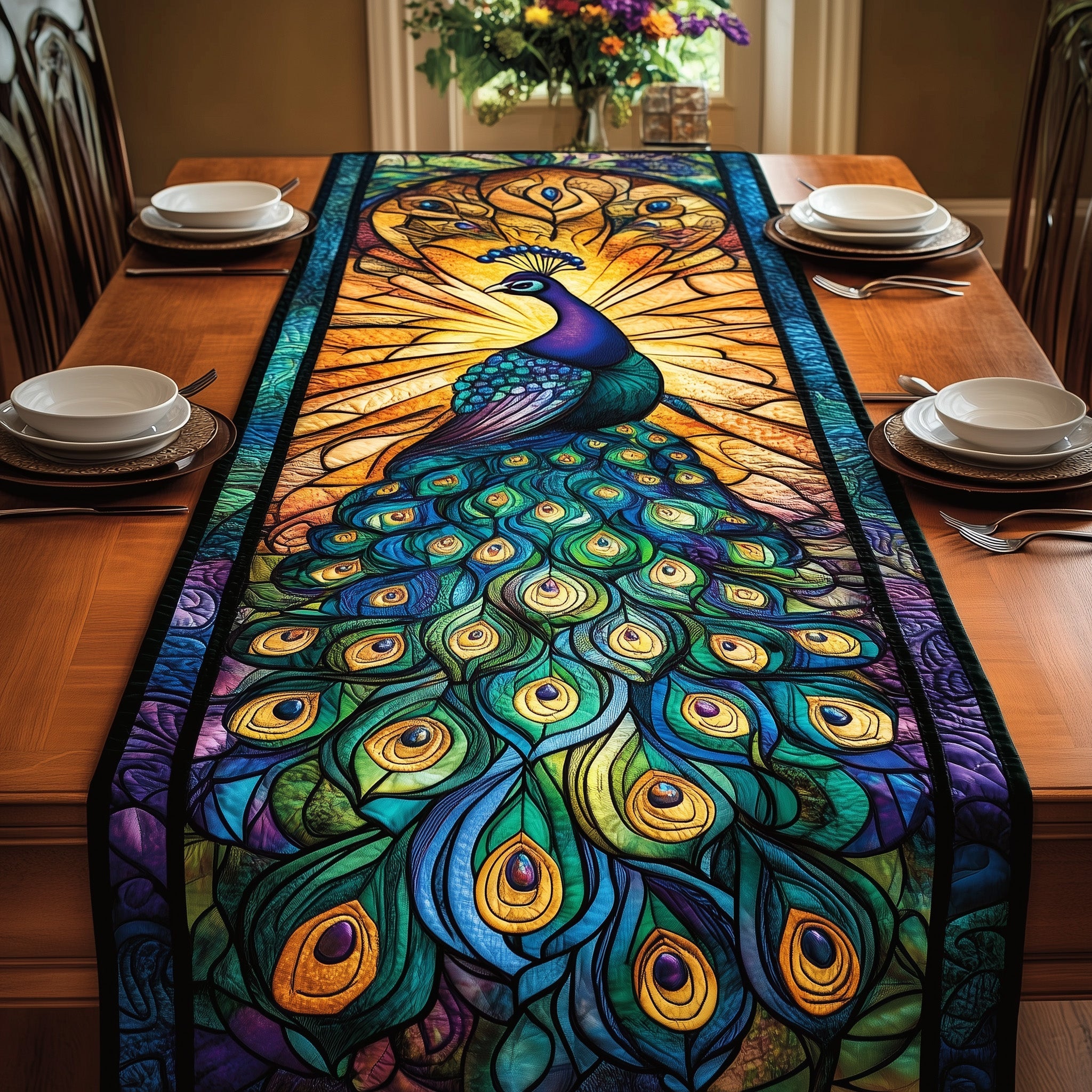 Peacock Quilted Table Runner Holiday Party Table Runner