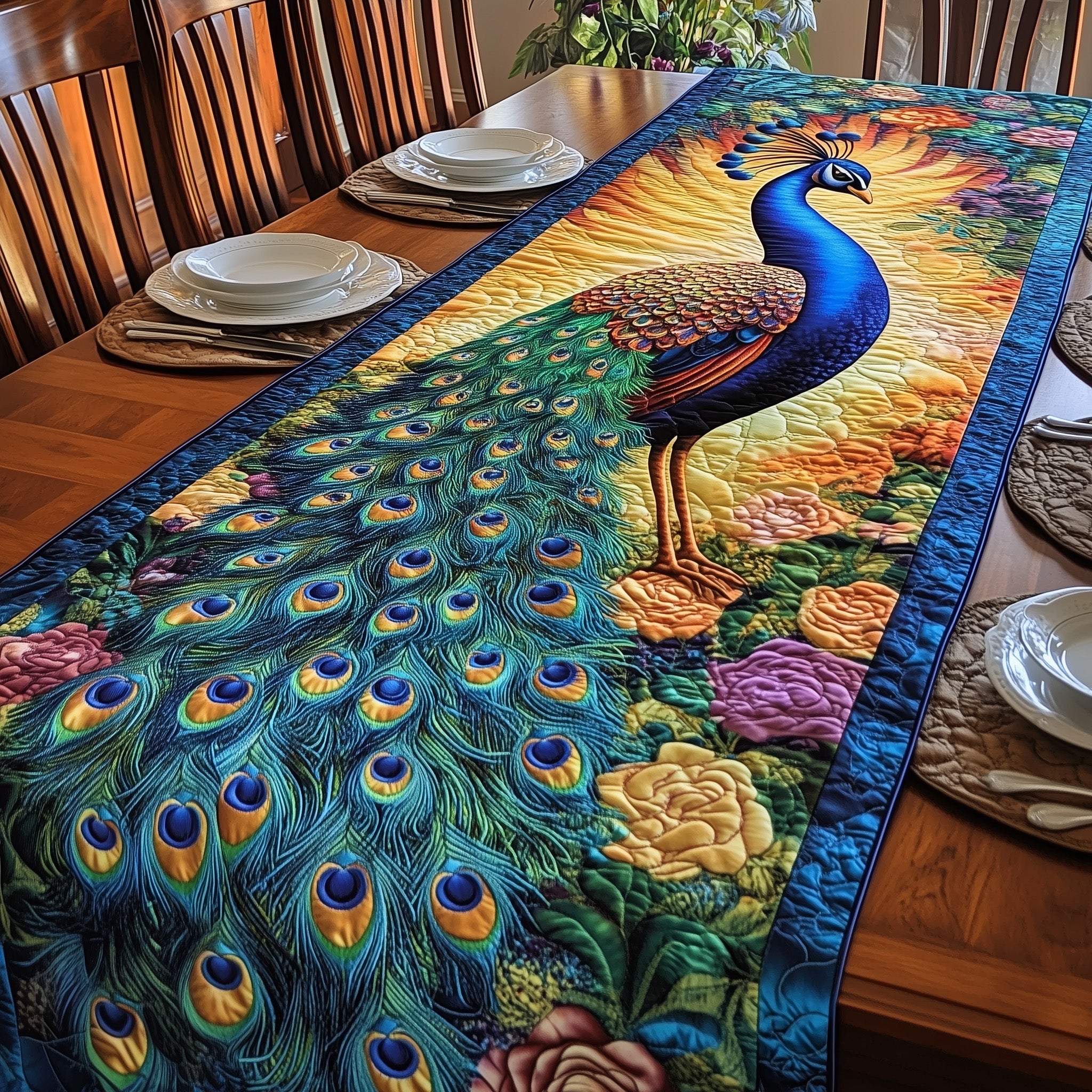 Peacock Quilted Table Runner Holiday Table Runner for Kitchen Decor
