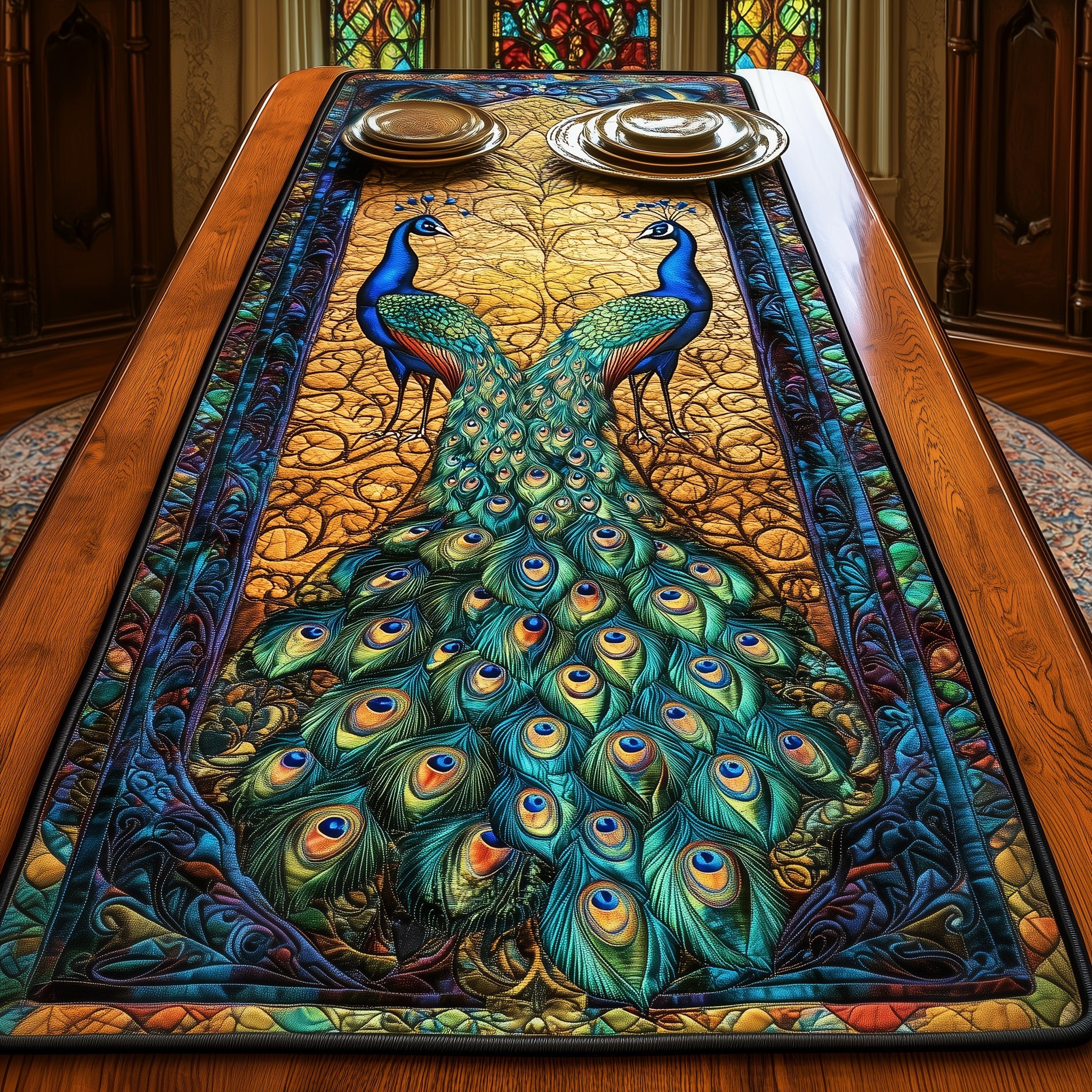 Peacock Quilted Table Runner Seasonal Table Runner for Holidays