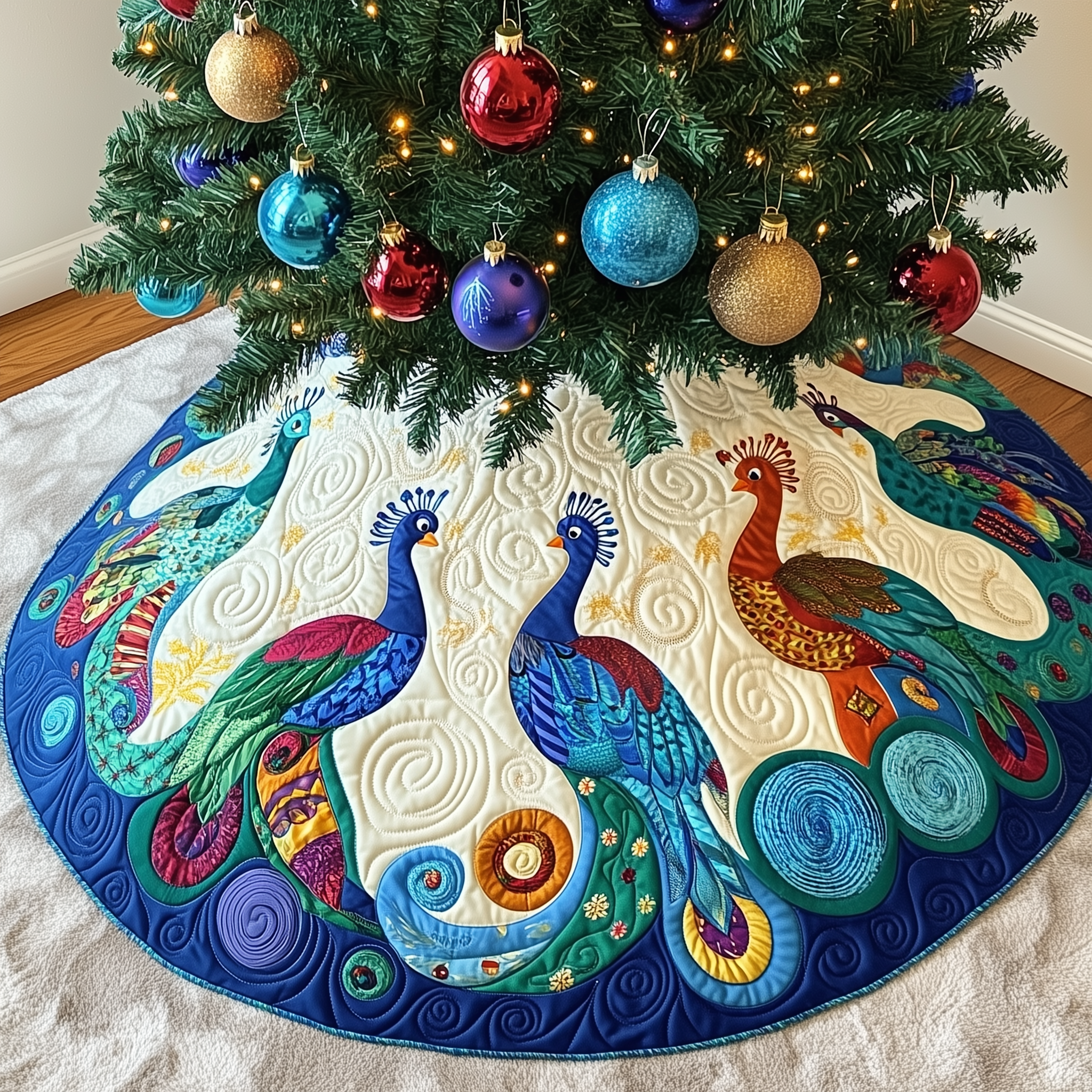 Peacock Quilted Tree Skirt Charming Thanksgiving Gift Merch(1)