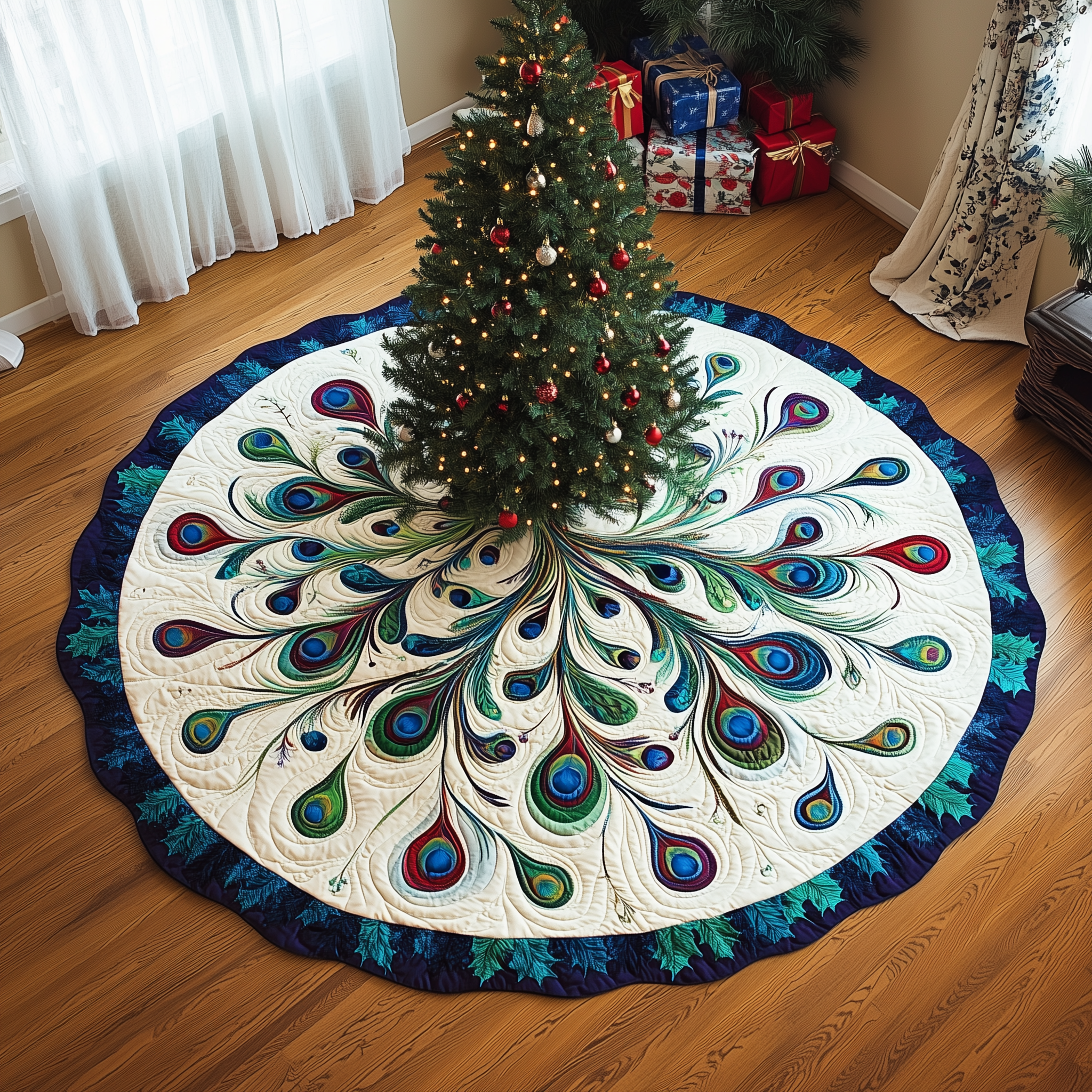 Peacock Quilted Tree Skirt Cozy Home Decor Gift Merch