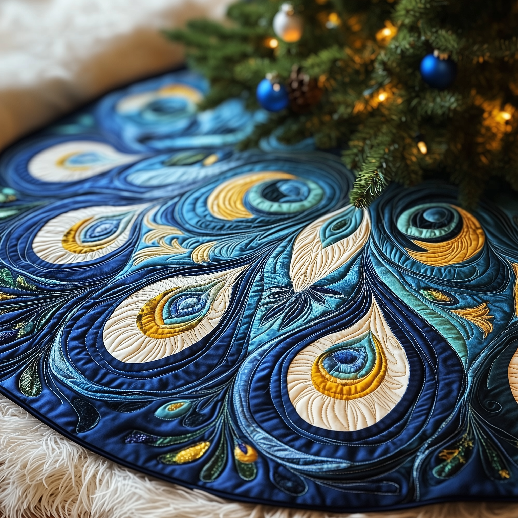 Peacock Quilted Tree Skirt Holiday Christmas Tree Base Decorations Peacock Themed Gift
