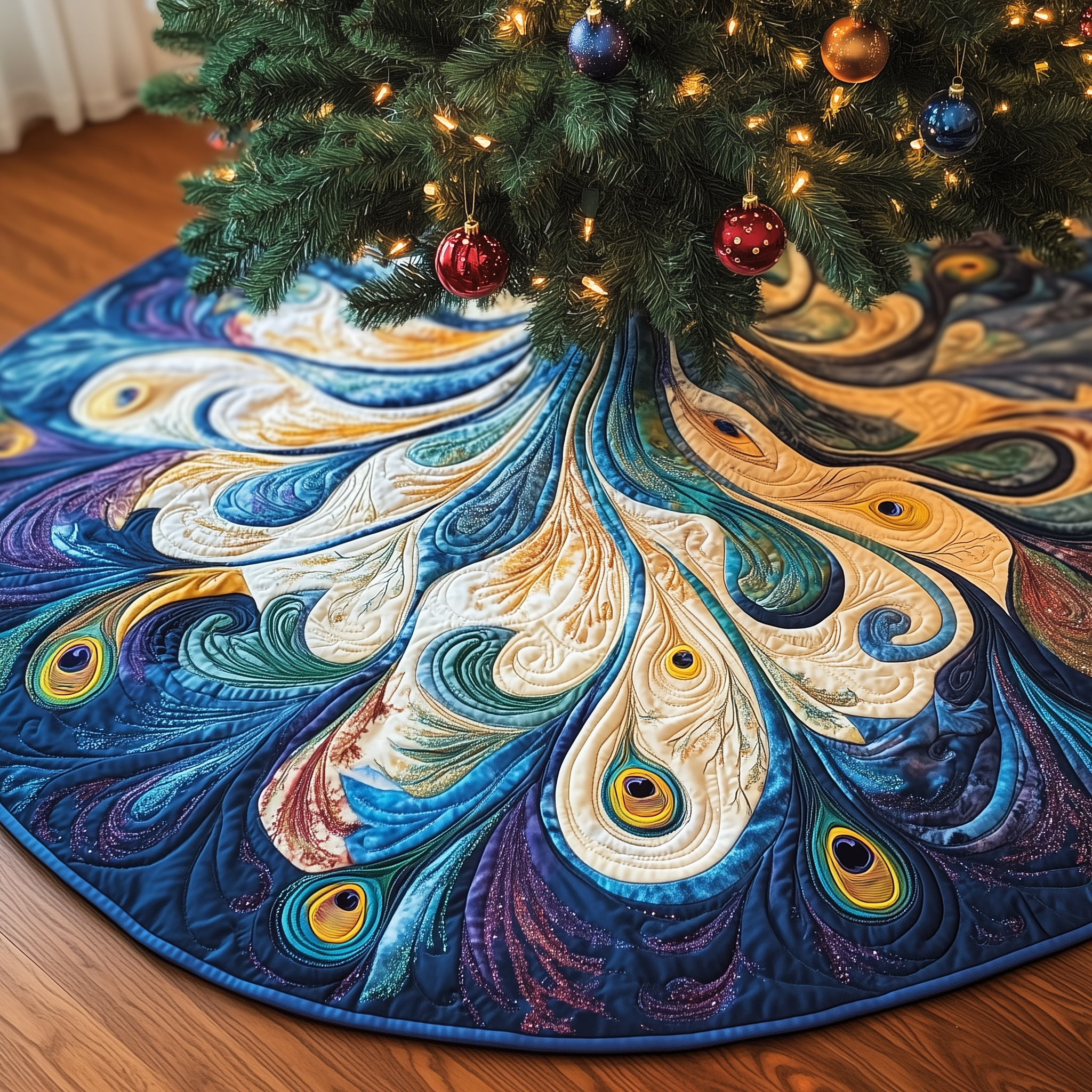 Peacock Quilted Tree Skirt Holiday Christmas Tree Base Decorations Peacock Themed Gift