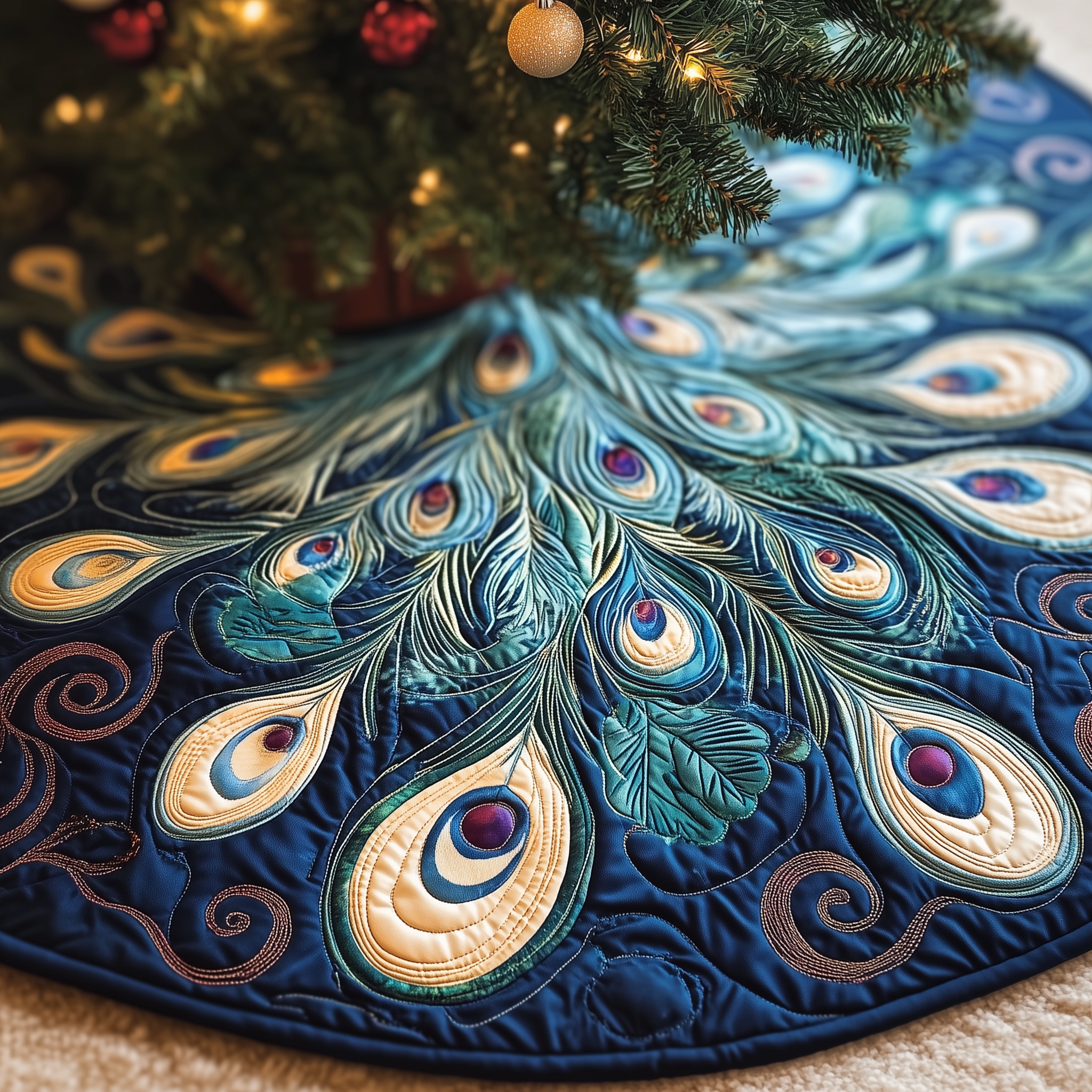 Peacock Quilted Tree Skirt Holiday Christmas Tree Base Decorations Peacock Themed Gift