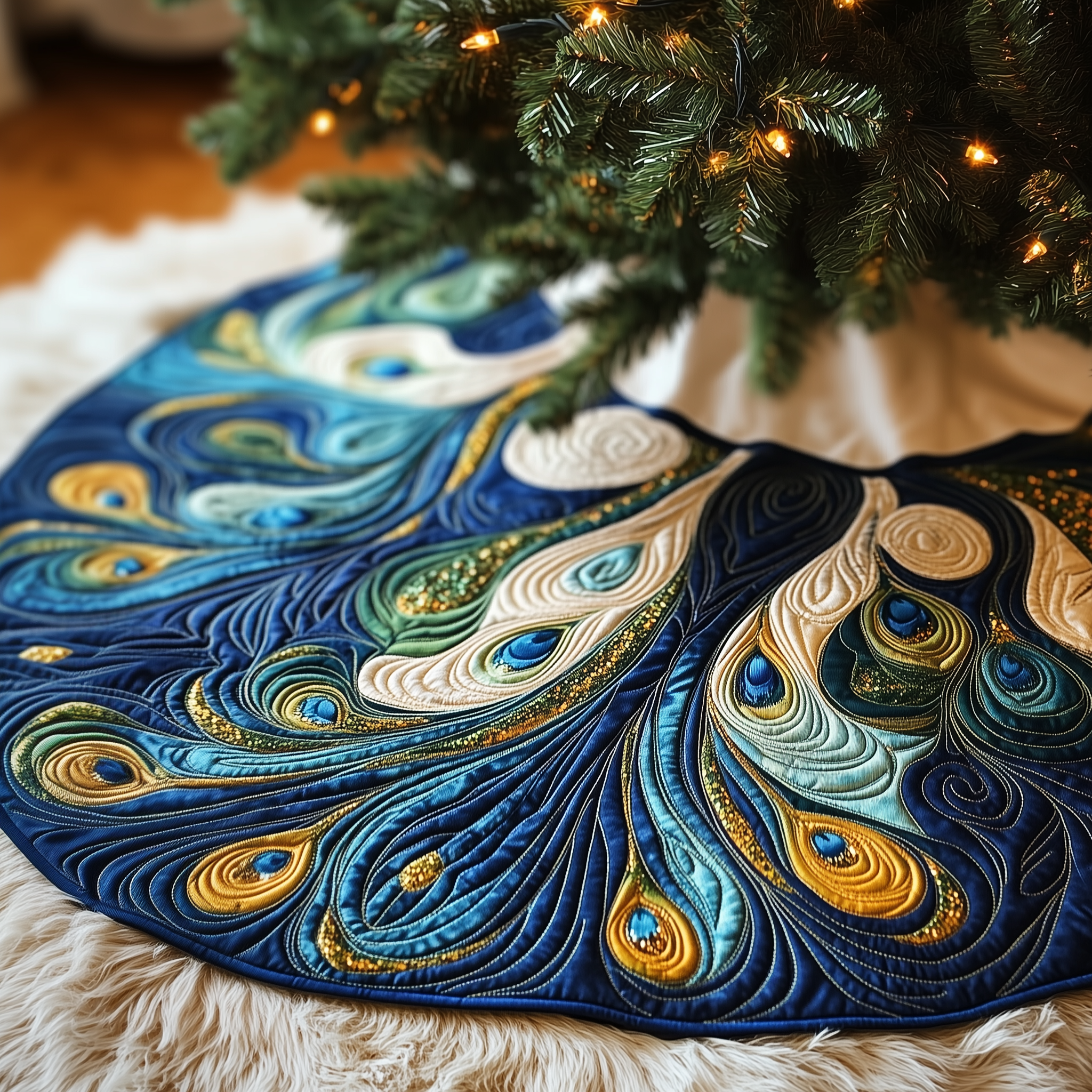 Peacock Quilted Tree Skirt Holiday Gift Merch