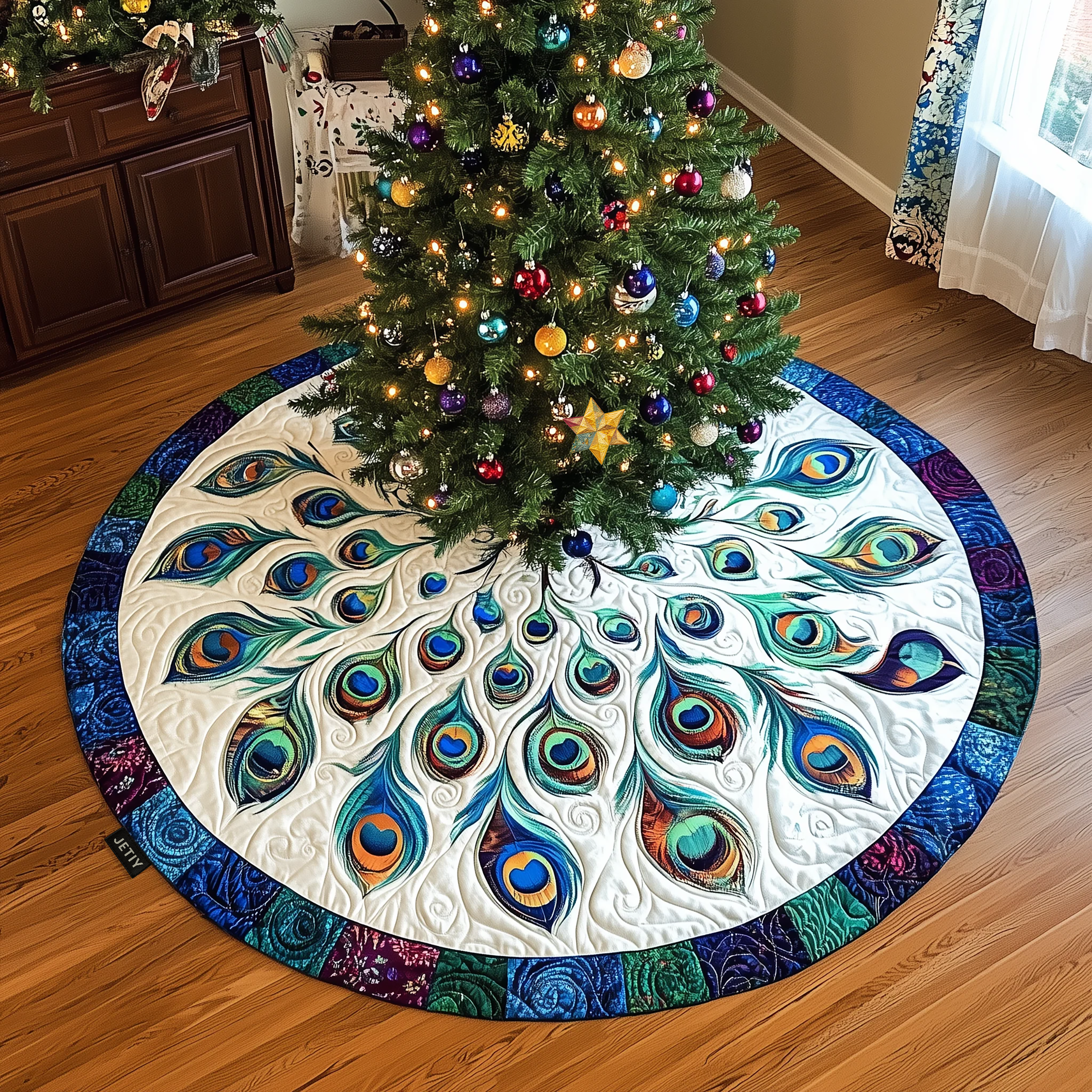 Peacock Quilted Tree Skirt Joyful Holiday Season Gift Merch