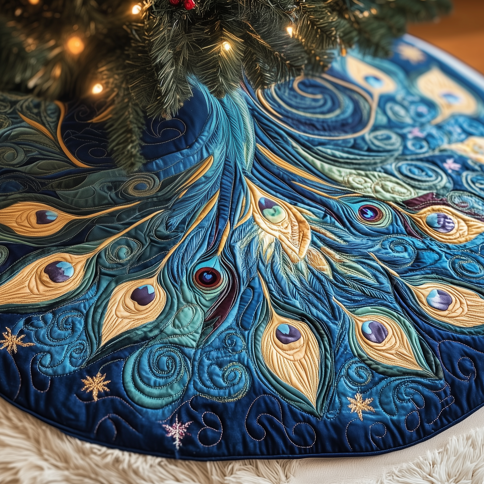 Peacock Quilted Tree Skirt Xmas Tree Base Cover Decorations Peacock Gifts For Her