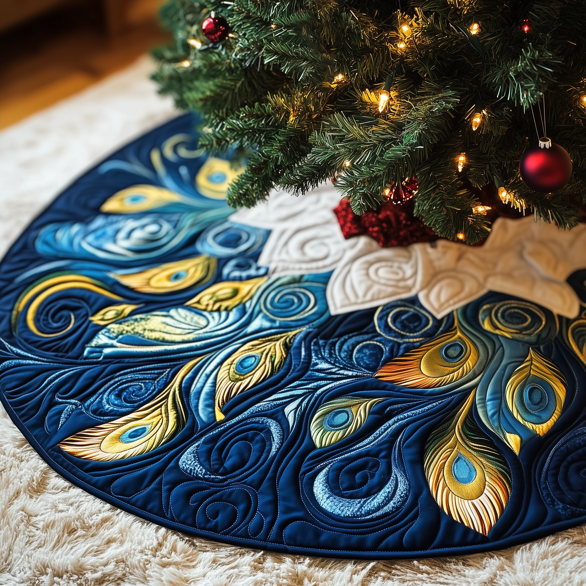 Peacock Quilted Tree Skirt Xmas Tree Base Cover Decorations Peacock Gifts For Her