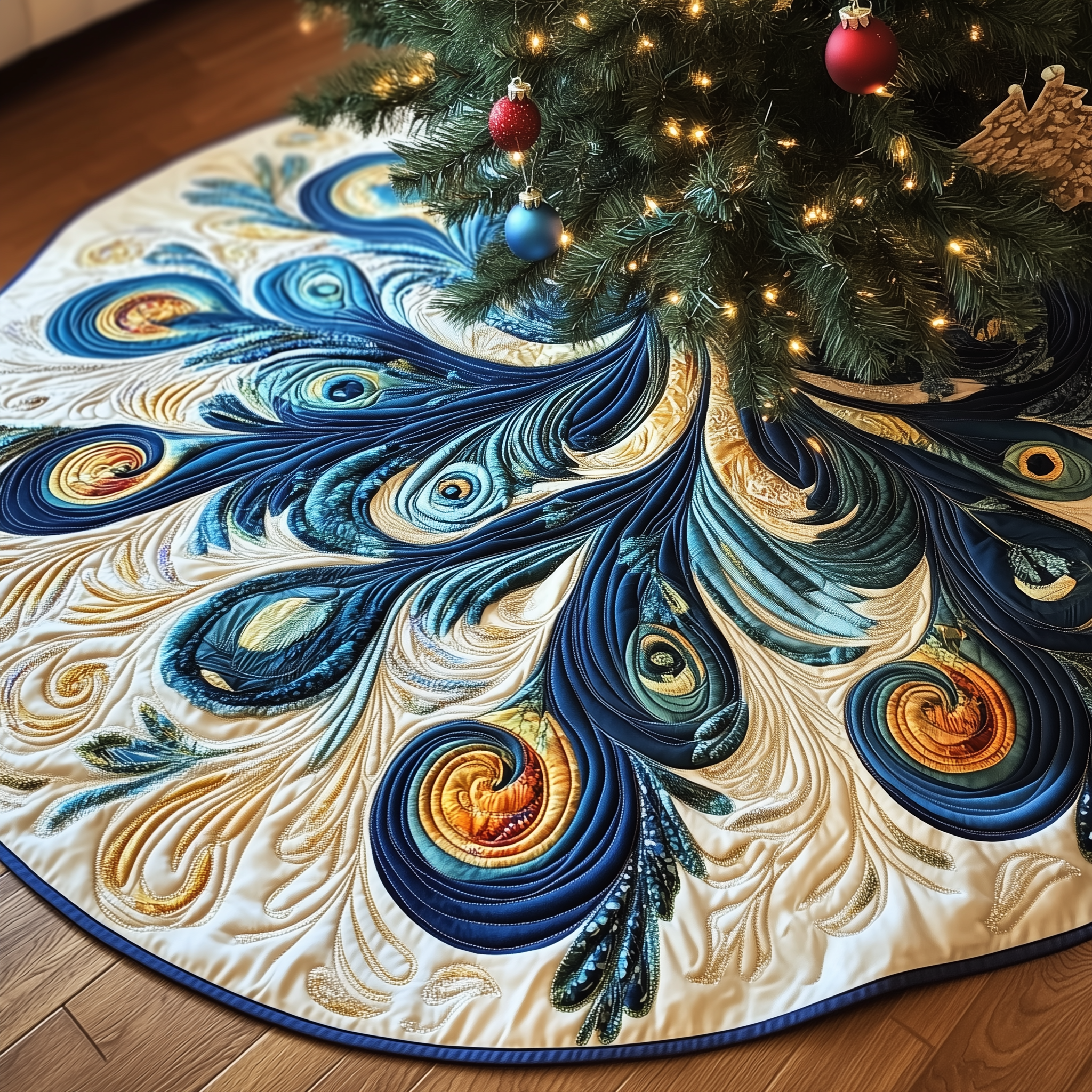 Peacock Quilted Tree Skirt Xmas Tree Base Cover Decorations Peacock Gifts For Her