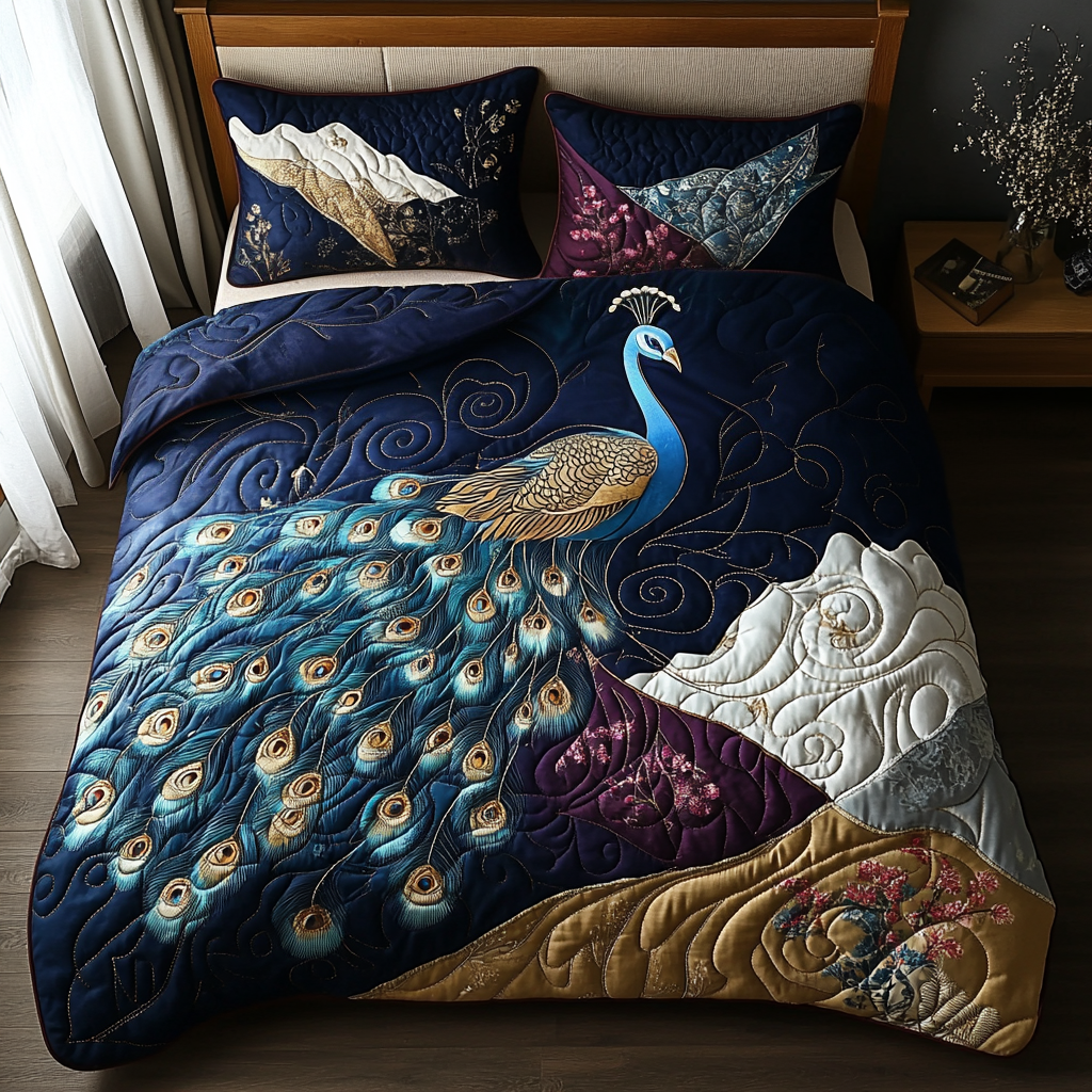 Peacock Splendor Quilted Bedding Set Bedroom Decor Gifts For Peacock Owners