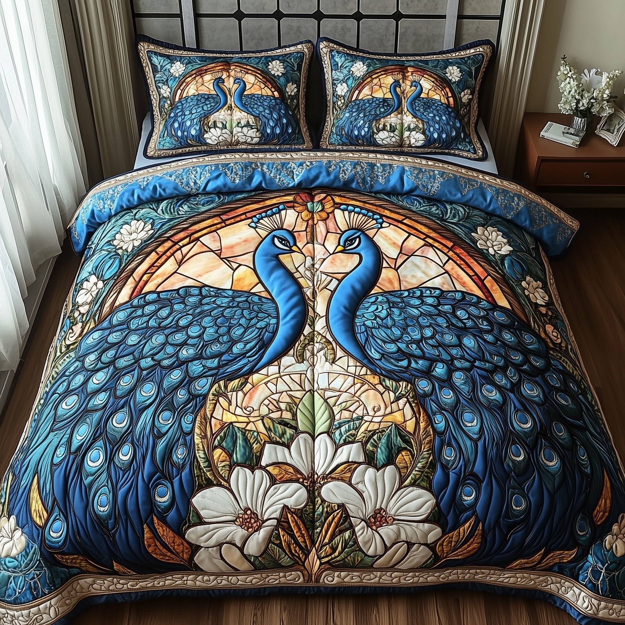 Peacock Tales Quilted Bedding Set Duvet Cover Merchandise Beautiful Peacock Items