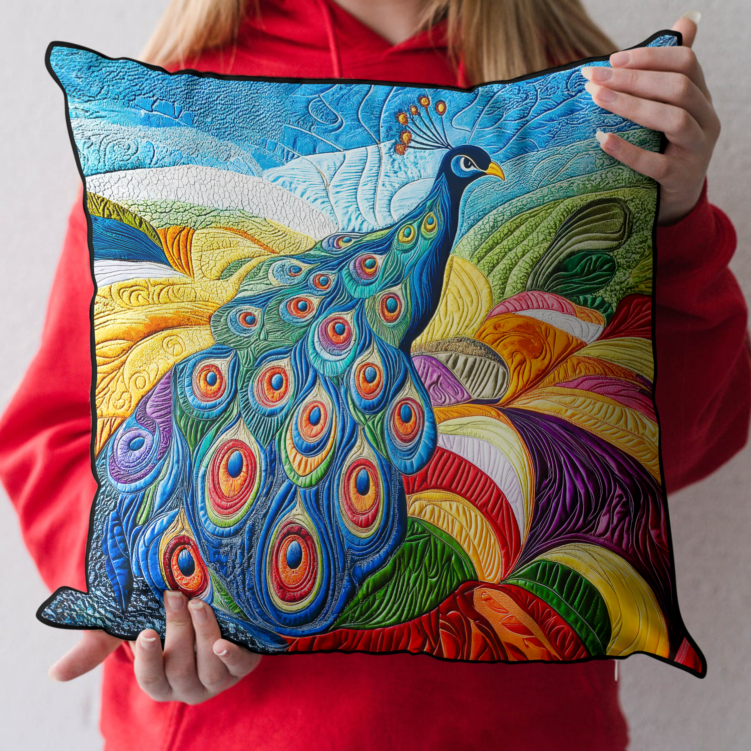 Peacock Vibes Quilted Pillow Case Winter Throw Pillow for Home