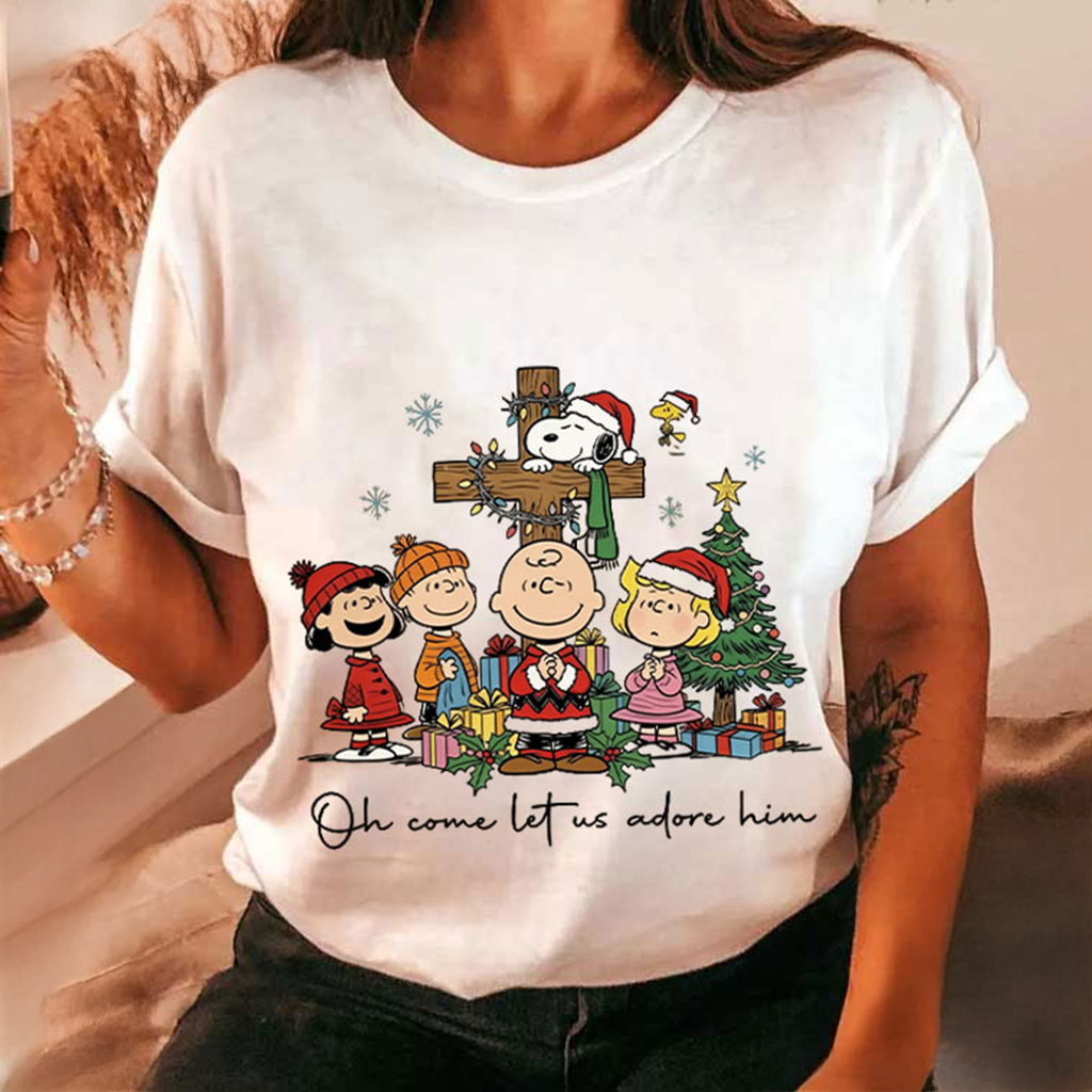 Peanuts Oh Come Let Us Adore Him Shirt Christmas Christian T-Shirt Christmas Gifts For Son