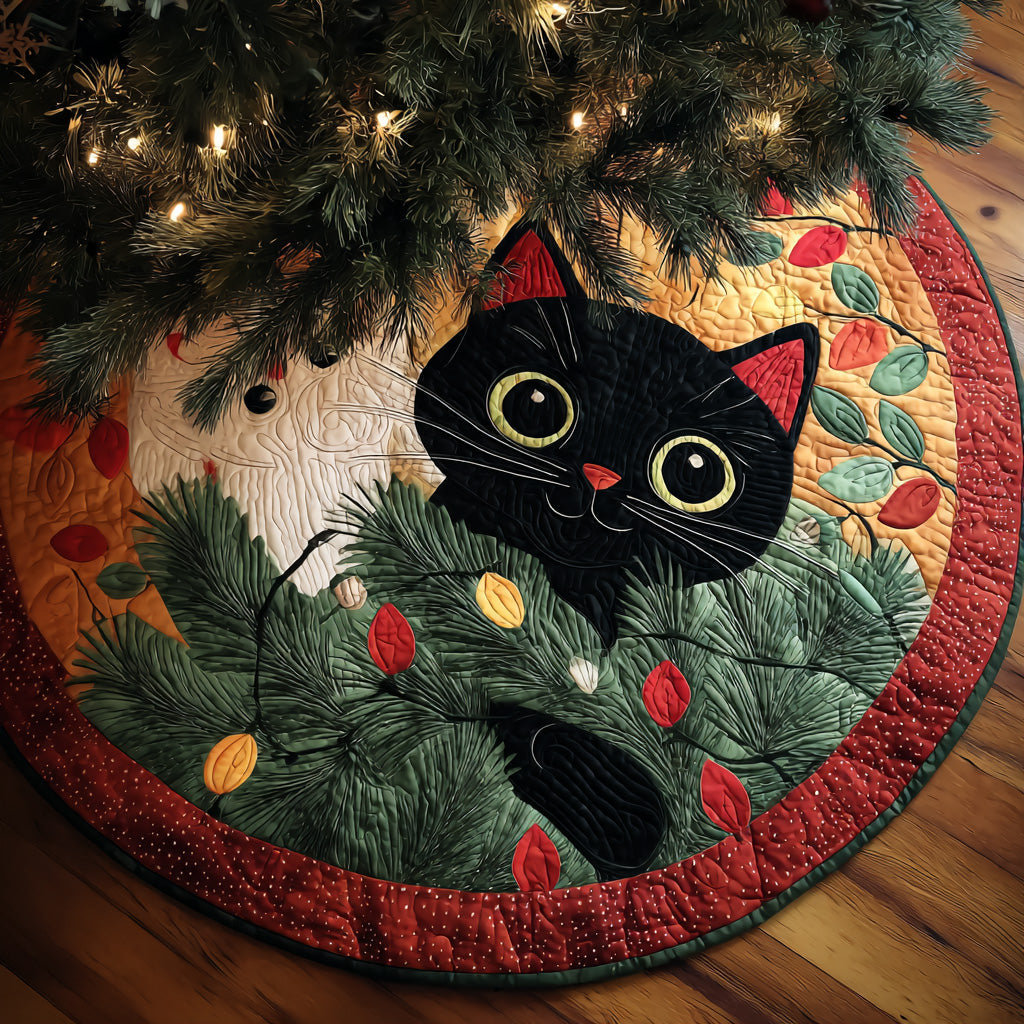 Peekaboo Joy Christmas Quilted Tree Skirt Xmas Tree Decor Presents For Cat People