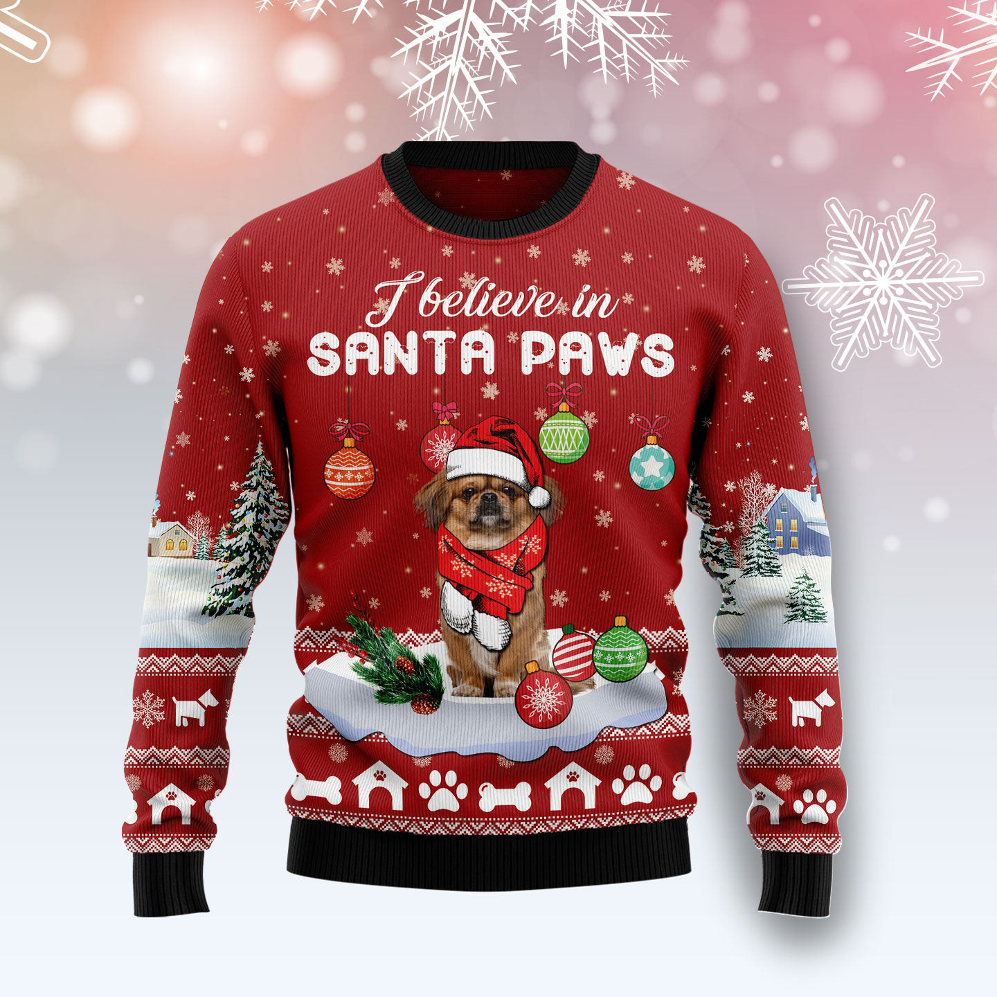 Pekingese I Believe In Santa Paws Ugly Christmas Sweater Winter Apparel Dog Gifts For Christmas