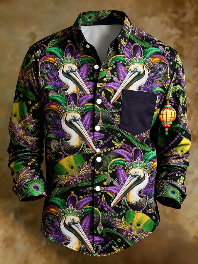 Pelican Mardi Gras Button Up Shirt Long Sleeve Men's Button Down Mardi Gras Shirts Gifts