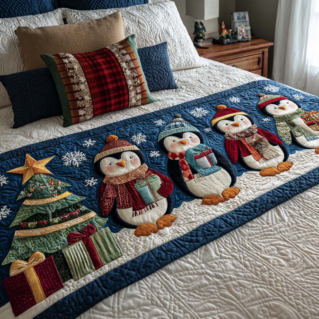 Penguin Cheer Quilted Bed Runner Holiday Bed Runner Xmas Gifts
