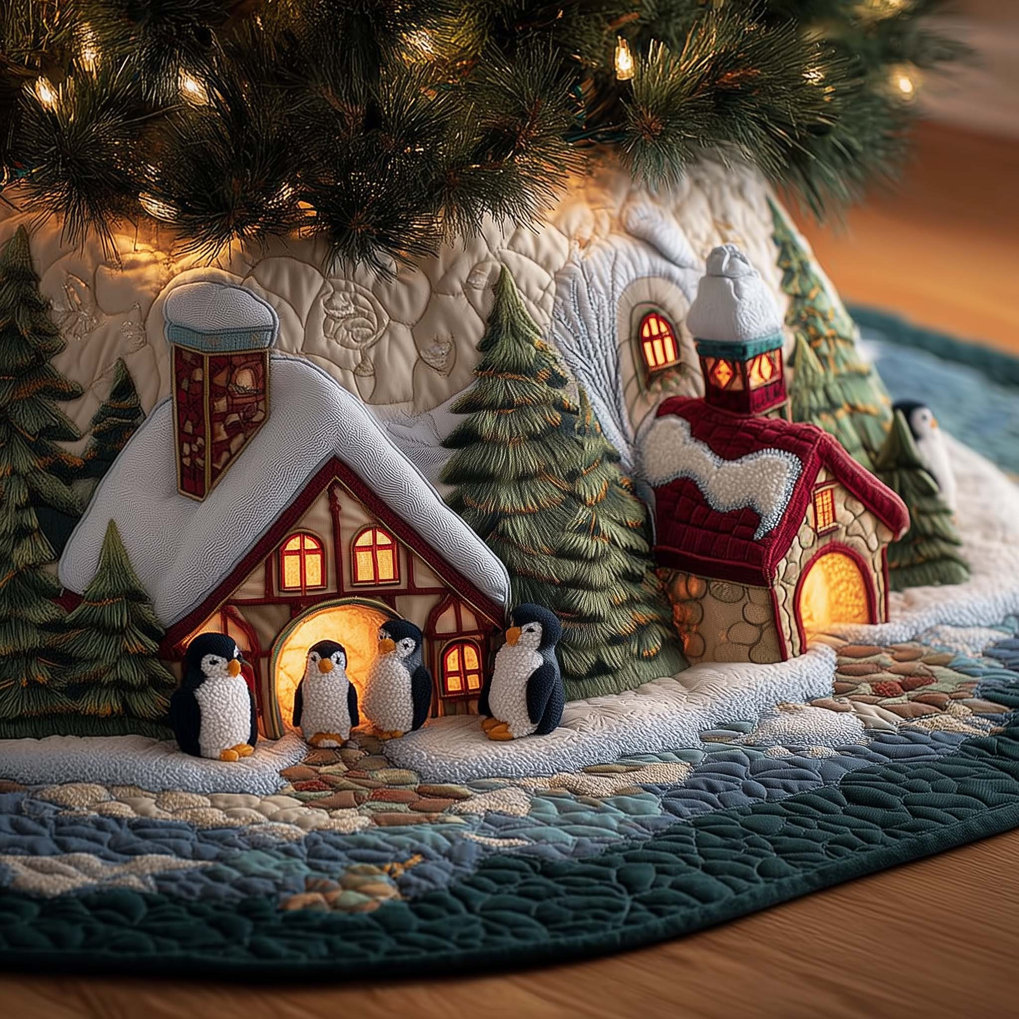 Penguin Family Quilted Tree Skirt Winter Home Decor Xmas Gifts For Penguin Lovers