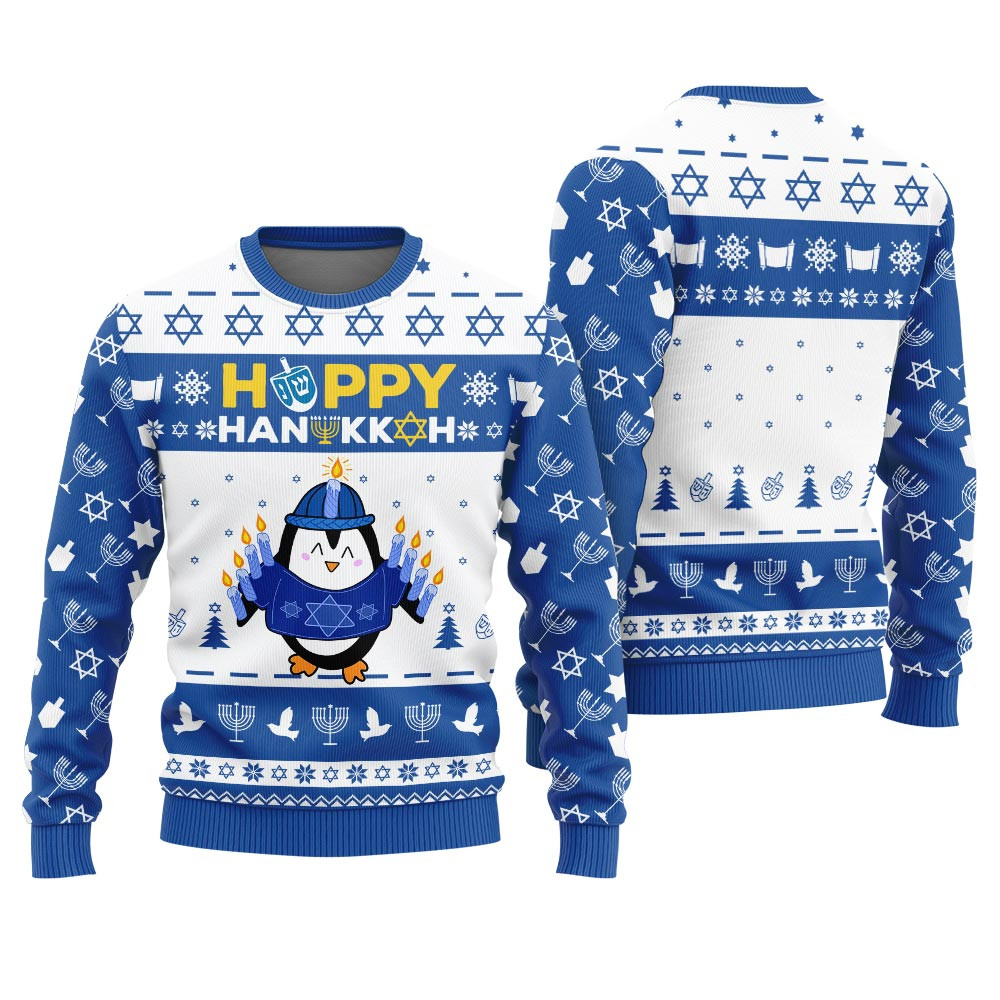 Penguin Happy Hanukkah Ugly Sweater Merry Christmas Sweatshirt for Holiday Fun