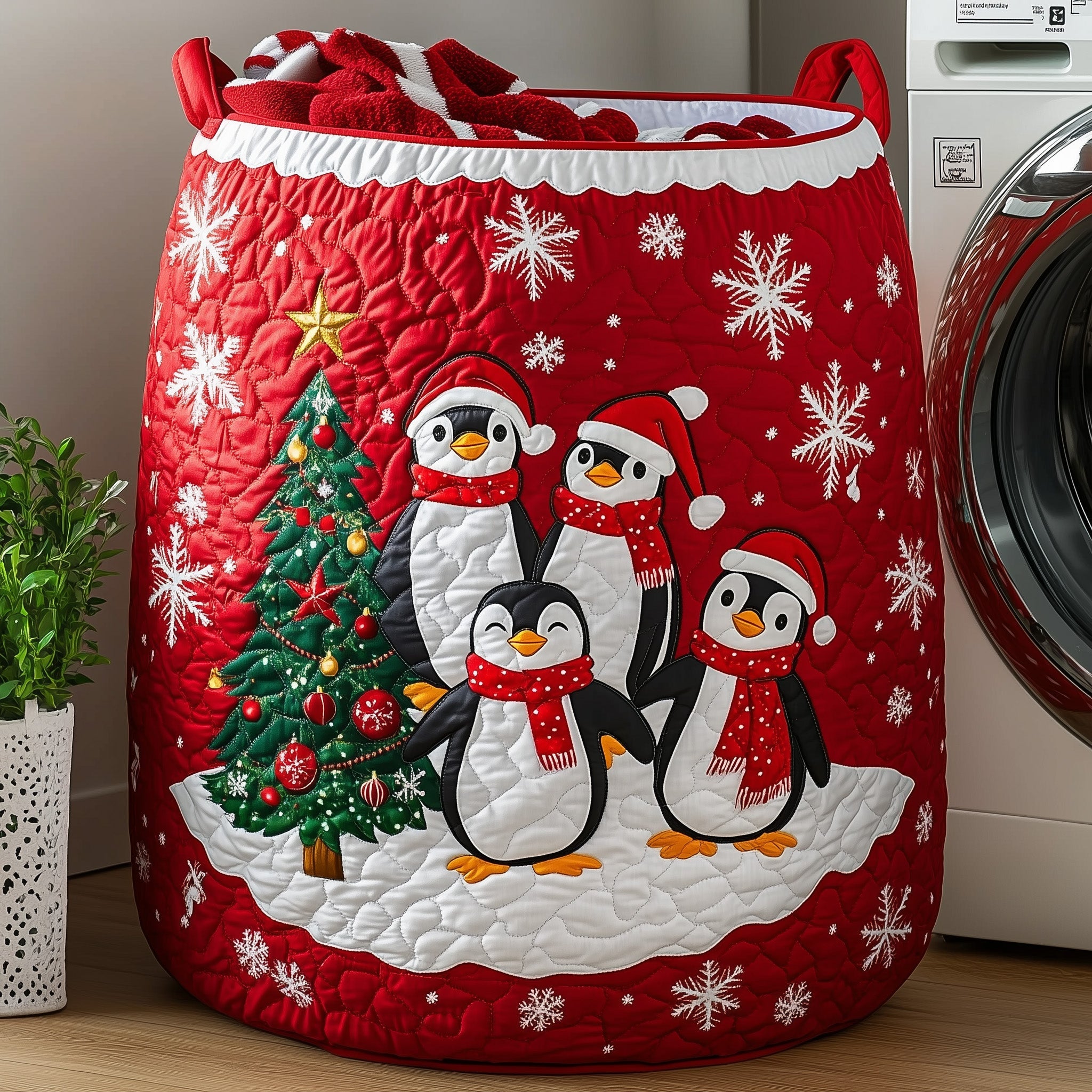Penguin Heaven Quilted Laundry Basket Thanksgiving Merch Gift