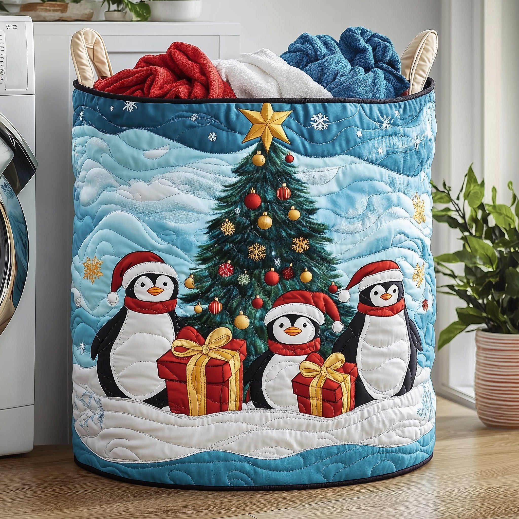 Penguin Heaven Quilted Laundry Basket Valentine's Day Merch Gift