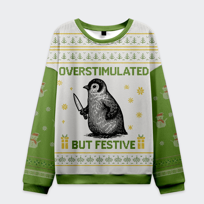 Penguin Overstimulated but Festive Christmas Ugly Sweater Funny Xmas Jumper